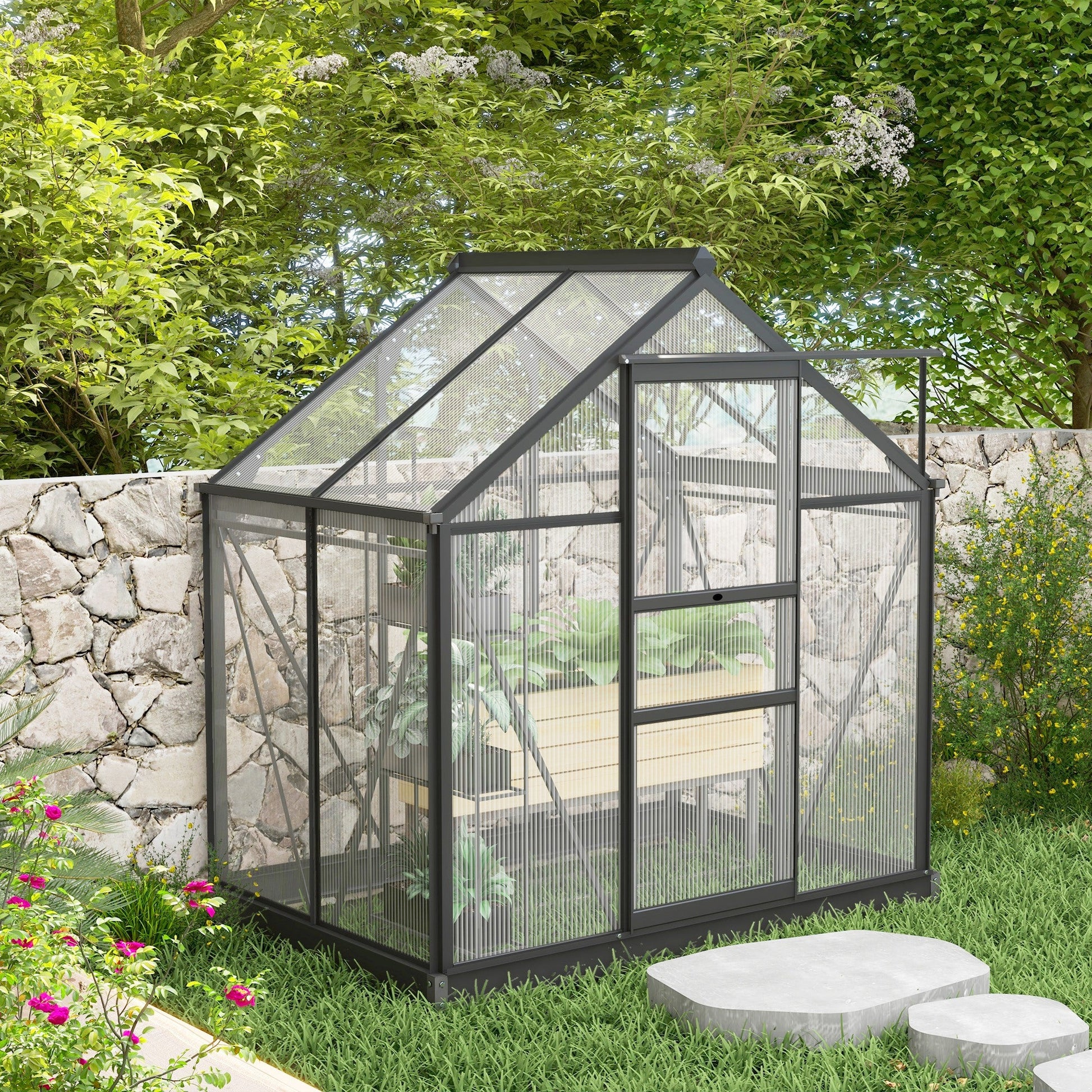 6' x 4' x 6.6' Polycarbonate Greenhouse, Walk-In Green House Kit Garden, Plants Grow, Galvanized Sheet Aluminum Frame with Rain Gutter, Vent and Sliding Door, Grey