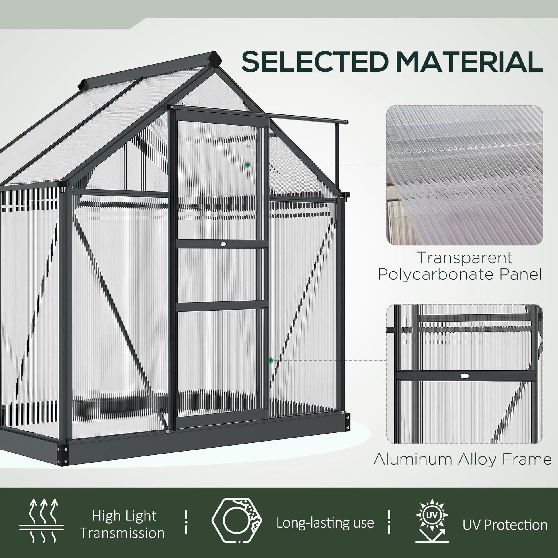 6' x 4' x 6.6' Polycarbonate Greenhouse, Walk-In Green House Kit Garden, Plants Grow, Galvanized Sheet Aluminum Frame with Rain Gutter, Vent and Sliding Door, Grey