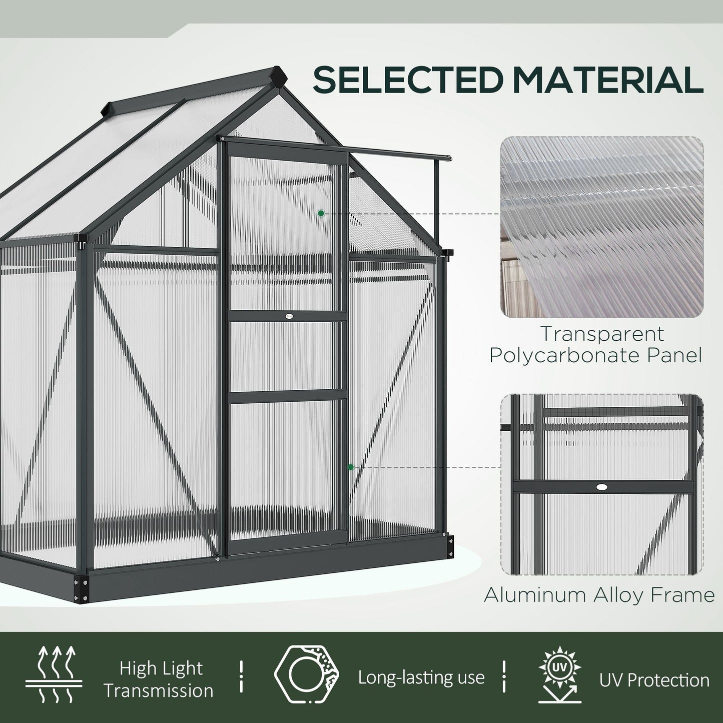 6' x 4' x 6.6' Polycarbonate Greenhouse, Walk-In Green House Kit Garden, Plants Grow, Galvanized Sheet Aluminum Frame with Rain Gutter, Vent and Sliding Door, Grey