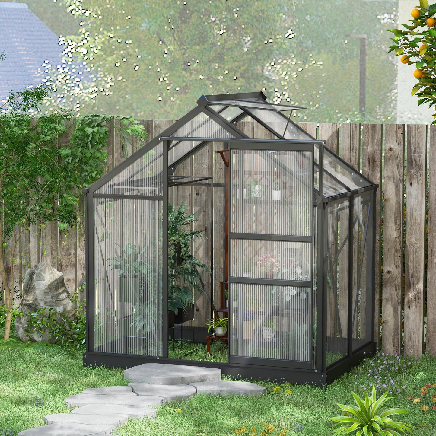 6' x 4' x 6.6' Polycarbonate Greenhouse, Walk-In Green House Kit Garden, Plants Grow, Galvanized Sheet Aluminum Frame with Rain Gutter, Vent and Sliding Door, Grey