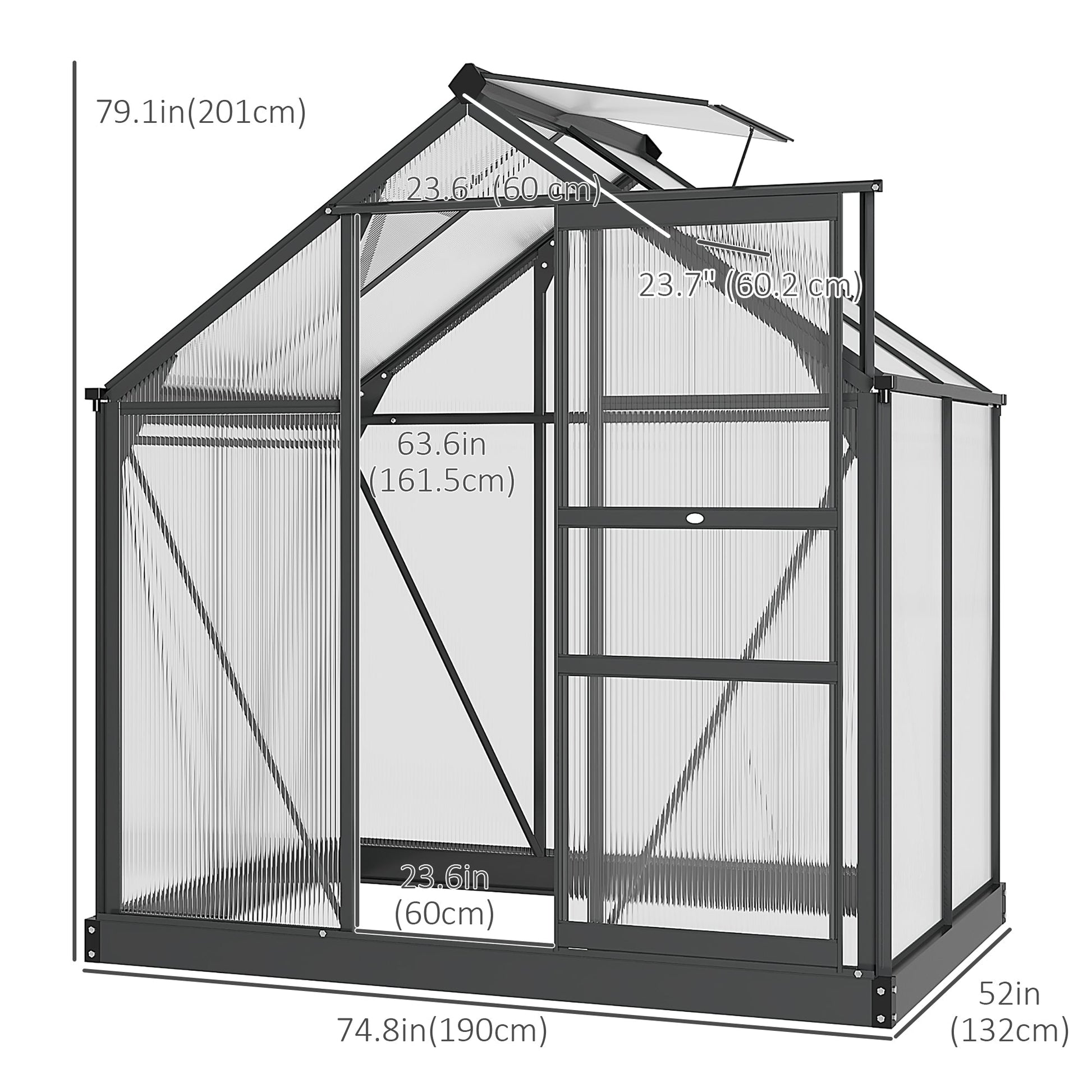 6' x 4' x 6.6' Polycarbonate Greenhouse, Walk-In Green House Kit Garden, Plants Grow, Galvanized Sheet Aluminum Frame with Rain Gutter, Vent and Sliding Door, Grey