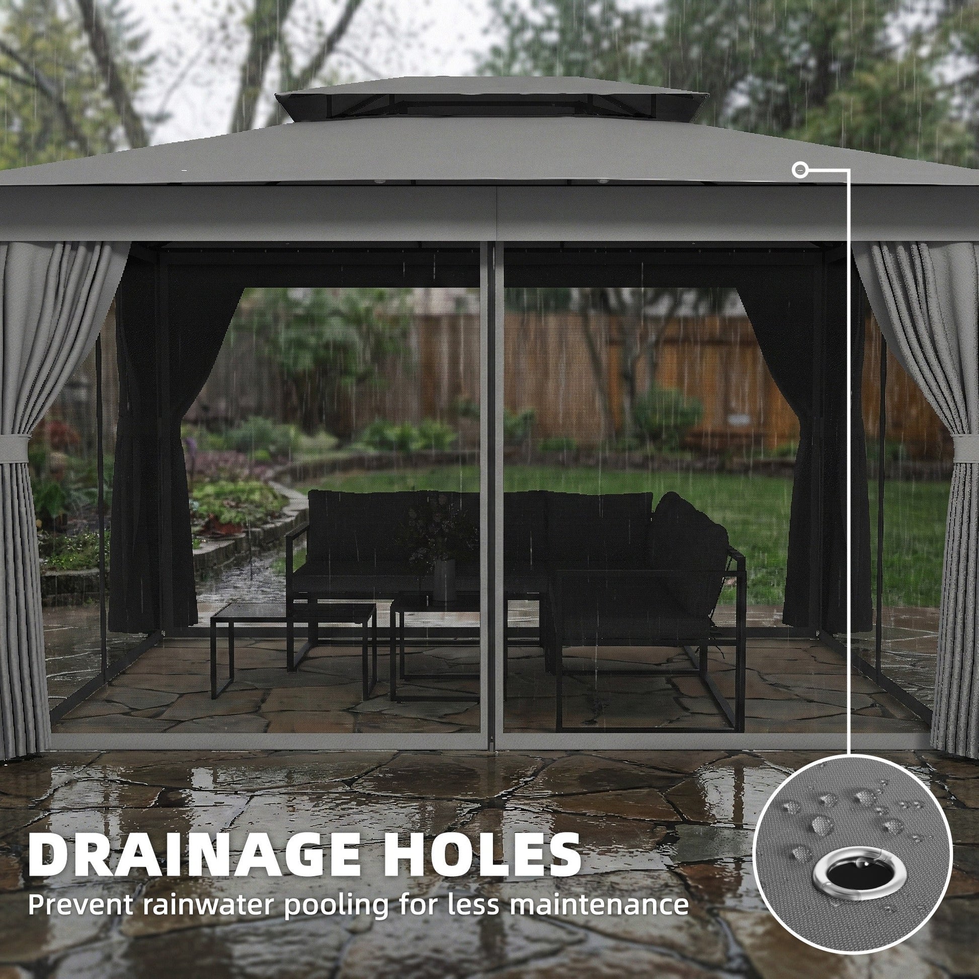 10' x 12.5' Outdoor Gazebo with Curtains and Netting, Double Roof Patio Gazebo Permanent Pavilion Canopy Shelter with Metal Frame, Hooks, UPF30+ Protection, Dark Grey
