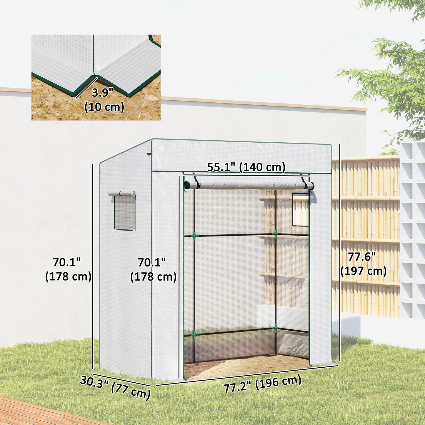 Lean-to Tomato Greenhouse with PE Cover, Walk-in Green House with Roll-up Door and 2 Mesh Windows, Portable Plant Grow House for Indoor Outdoor, 77.2"x30.3"x77.6", White