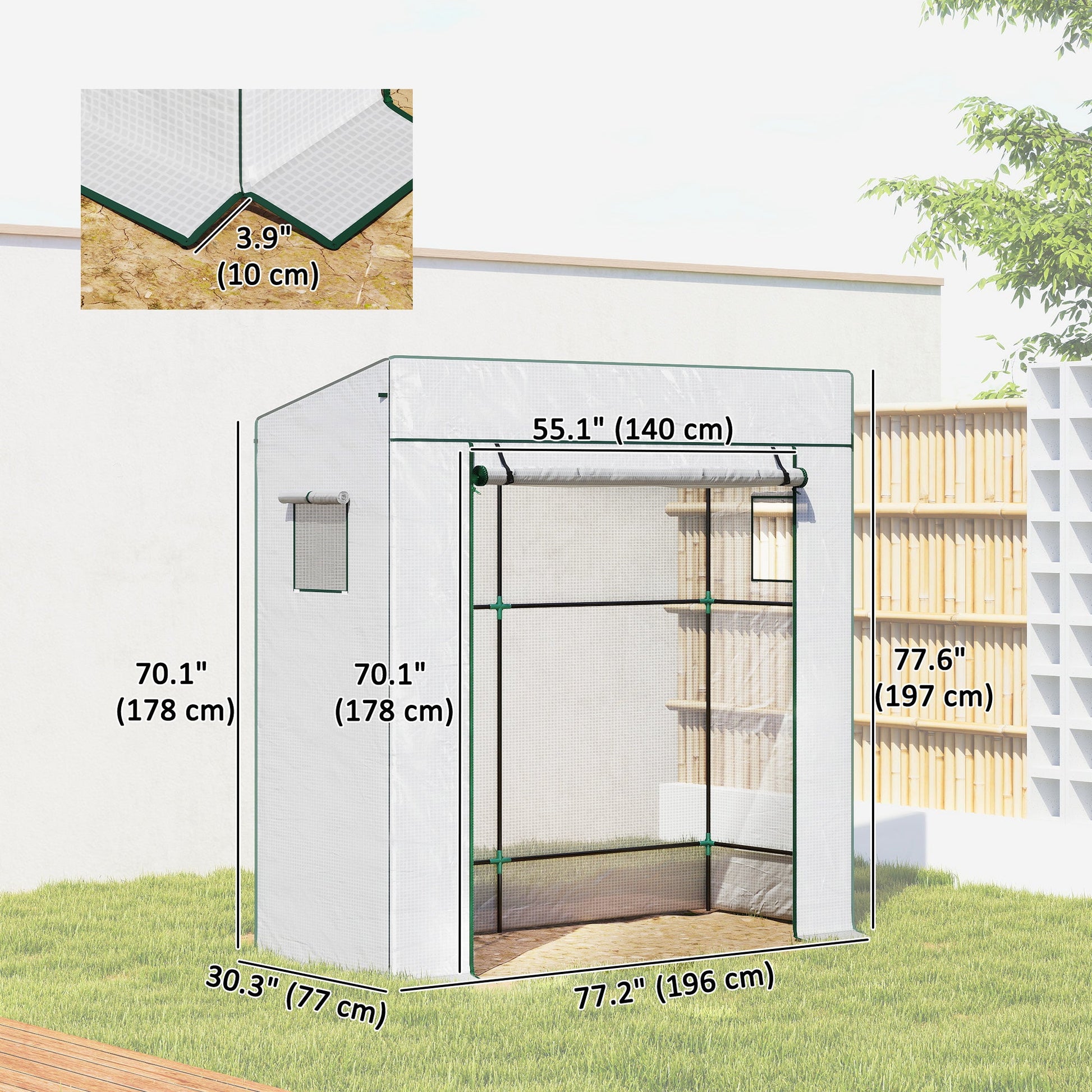Lean-to Tomato Greenhouse with PE Cover, Walk-in Green House with Roll-up Door and 2 Mesh Windows, Portable Plant Grow House for Indoor Outdoor, 77.2"x30.3"x77.6", White