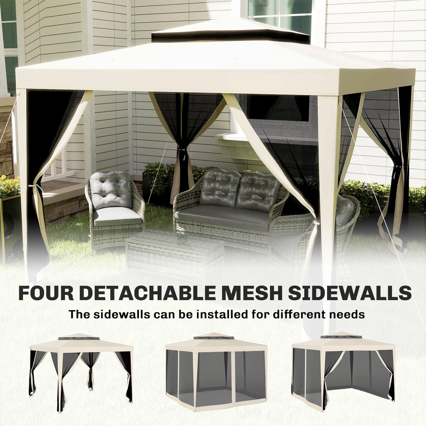 10' x 10' Canopy Tent, Party Tent with Mesh Netting and Double Tier Roof for Backyard, Garden, Patio, Outdoor, Beige