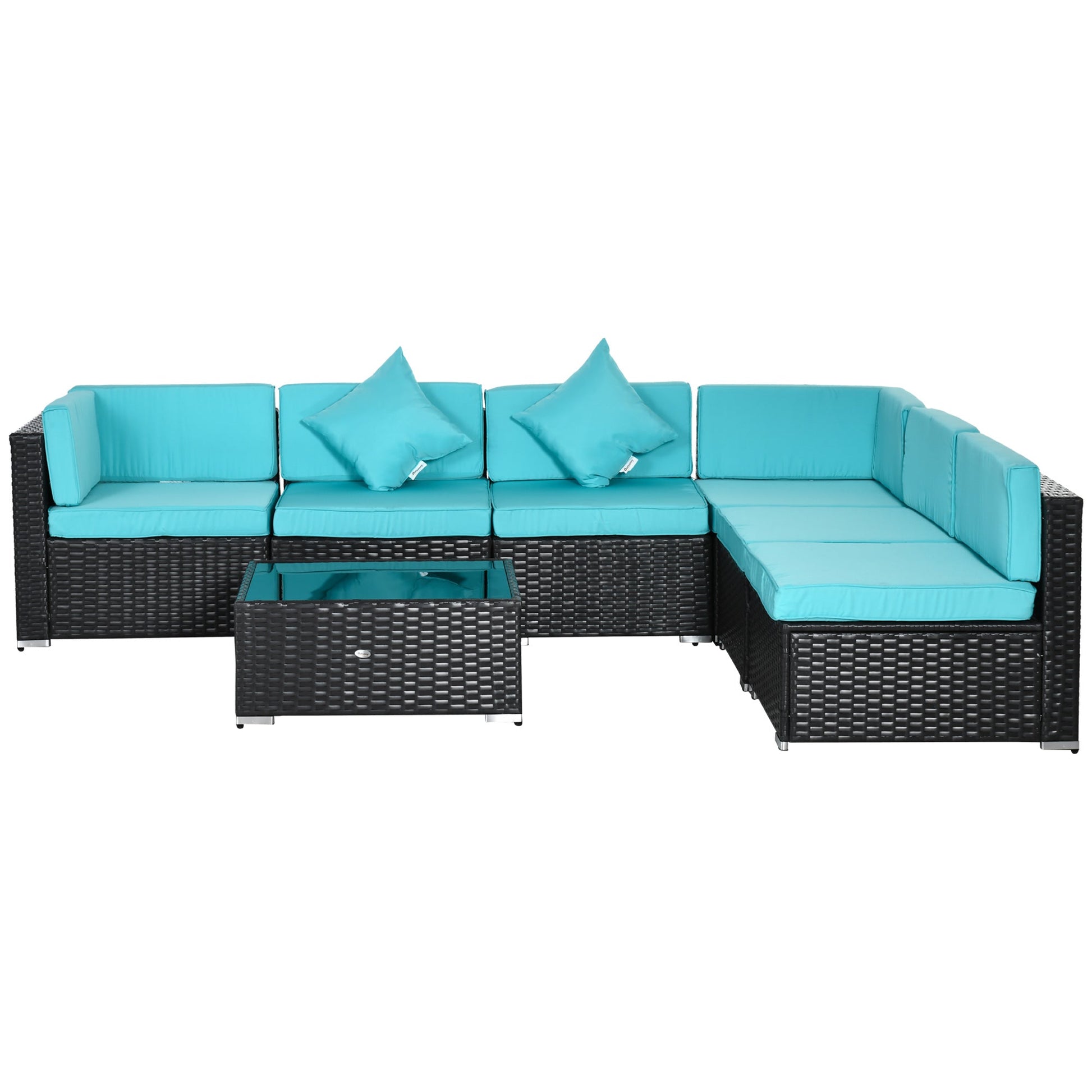 7 Piece Patio Furniture Set, PE Rattan Outdoor Conversation Set with Sectional Sofa, Glass Tabletop, Cushions and Pillows for Garden, Lawn, Deep Coffee and Light Blue