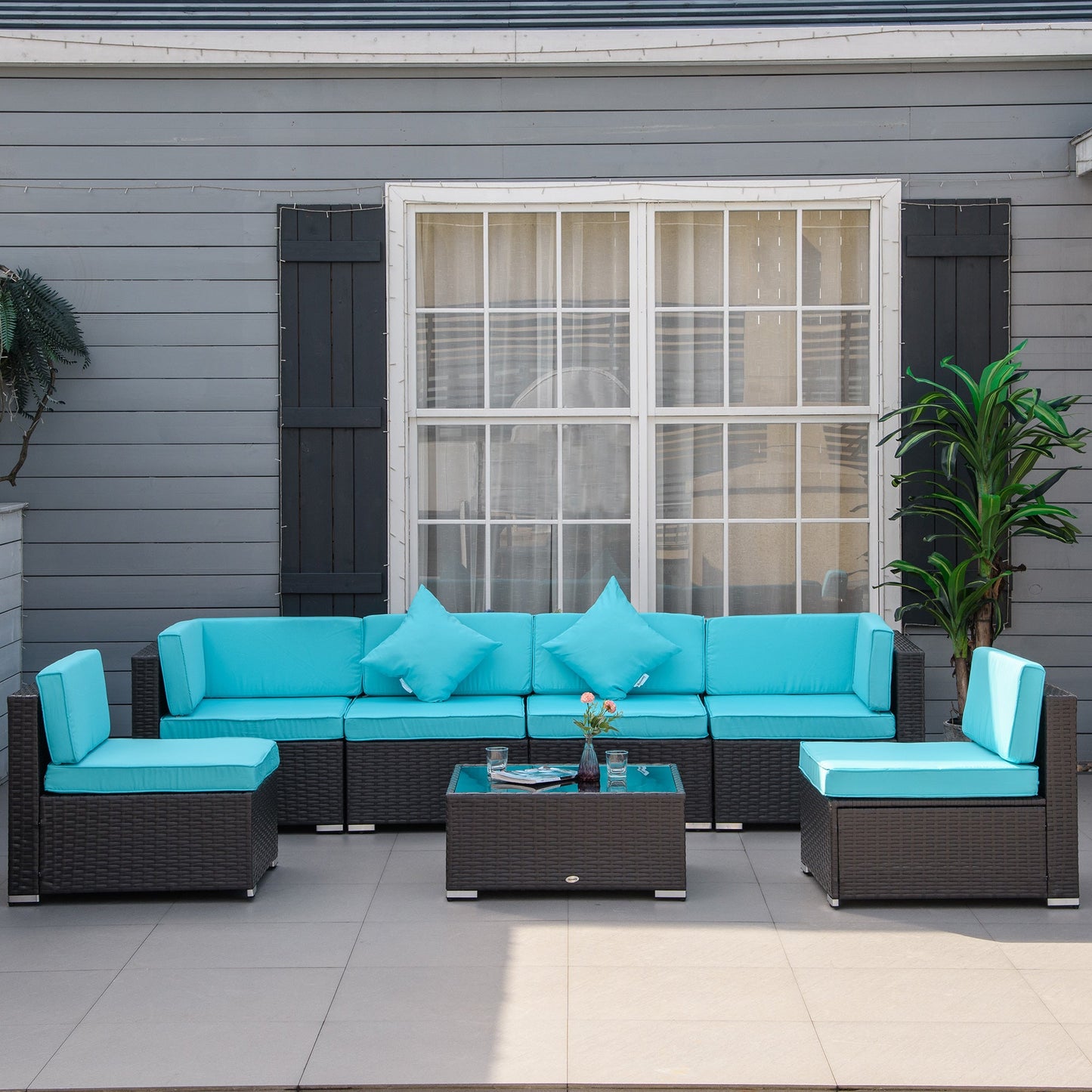 7 Piece Patio Furniture Set, PE Rattan Outdoor Conversation Set with Sectional Sofa, Glass Tabletop, Cushions and Pillows for Garden, Lawn, Deep Coffee and Light Blue