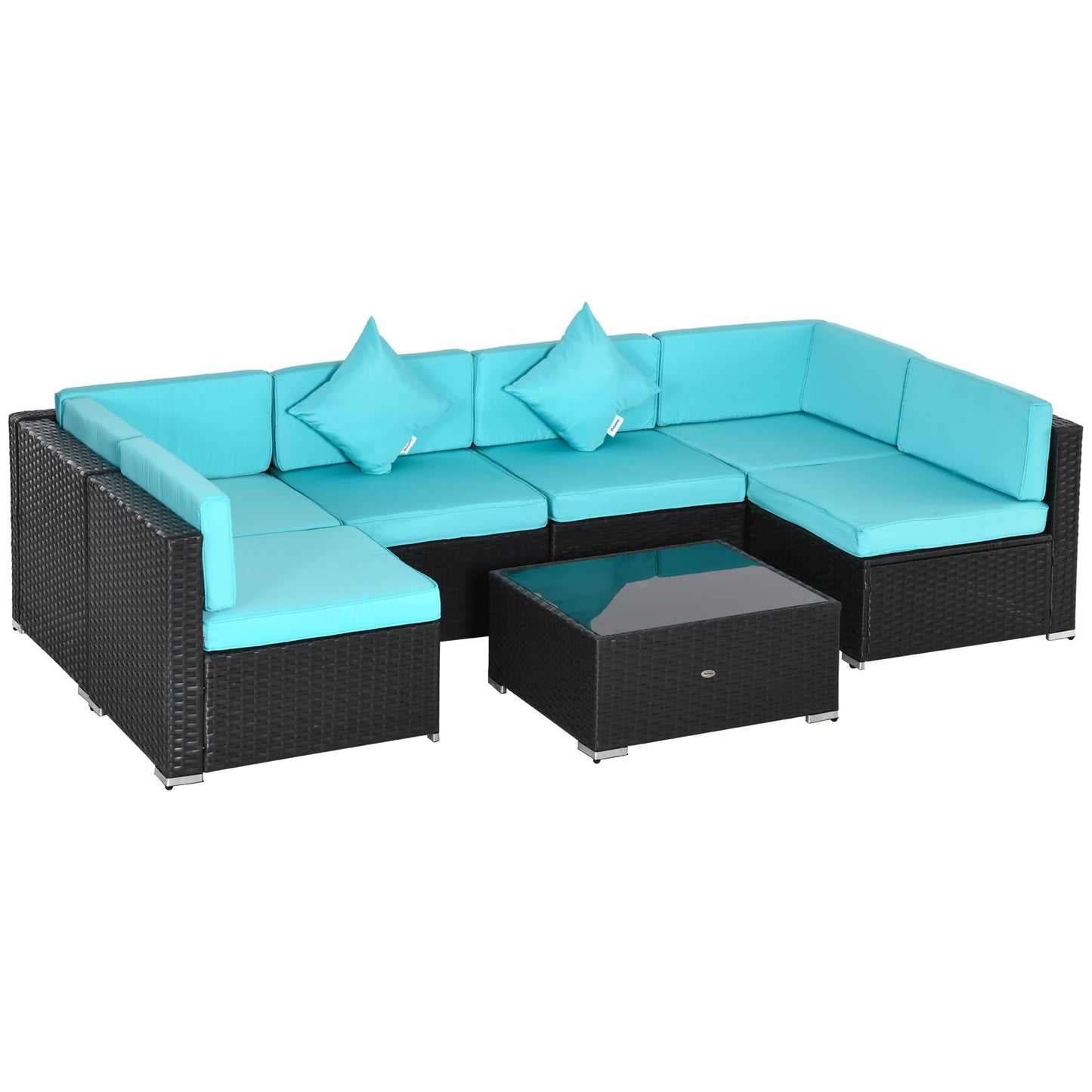 7 Piece Patio Furniture Set, PE Rattan Outdoor Conversation Set with Sectional Sofa, Glass Tabletop, Cushions and Pillows for Garden, Lawn, Deep Coffee and Light Blue