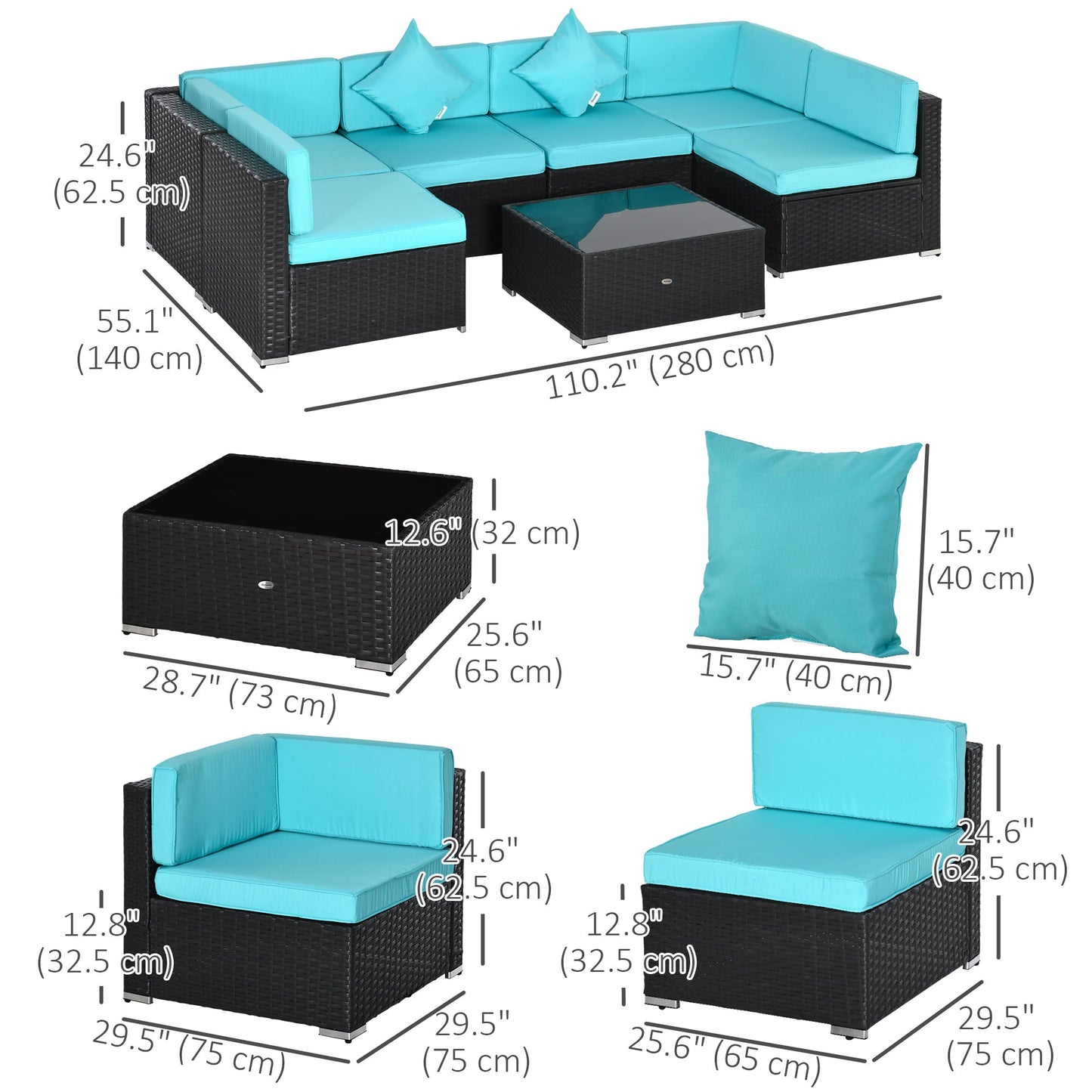 7 Piece Patio Furniture Set, PE Rattan Outdoor Conversation Set with Sectional Sofa, Glass Tabletop, Cushions and Pillows for Garden, Lawn, Deep Coffee and Light Blue
