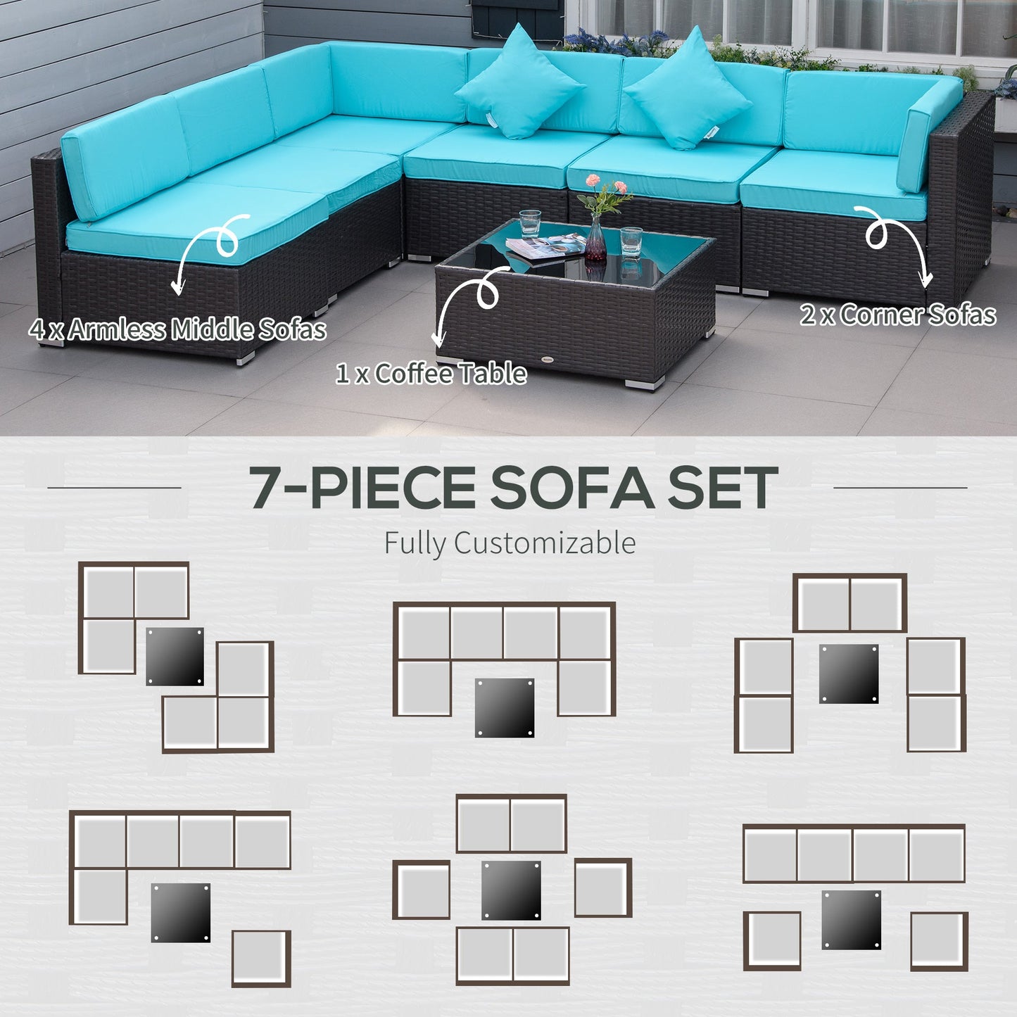 7 Piece Patio Furniture Set, PE Rattan Outdoor Conversation Set with Sectional Sofa, Glass Tabletop, Cushions and Pillows for Garden, Lawn, Deep Coffee and Light Blue