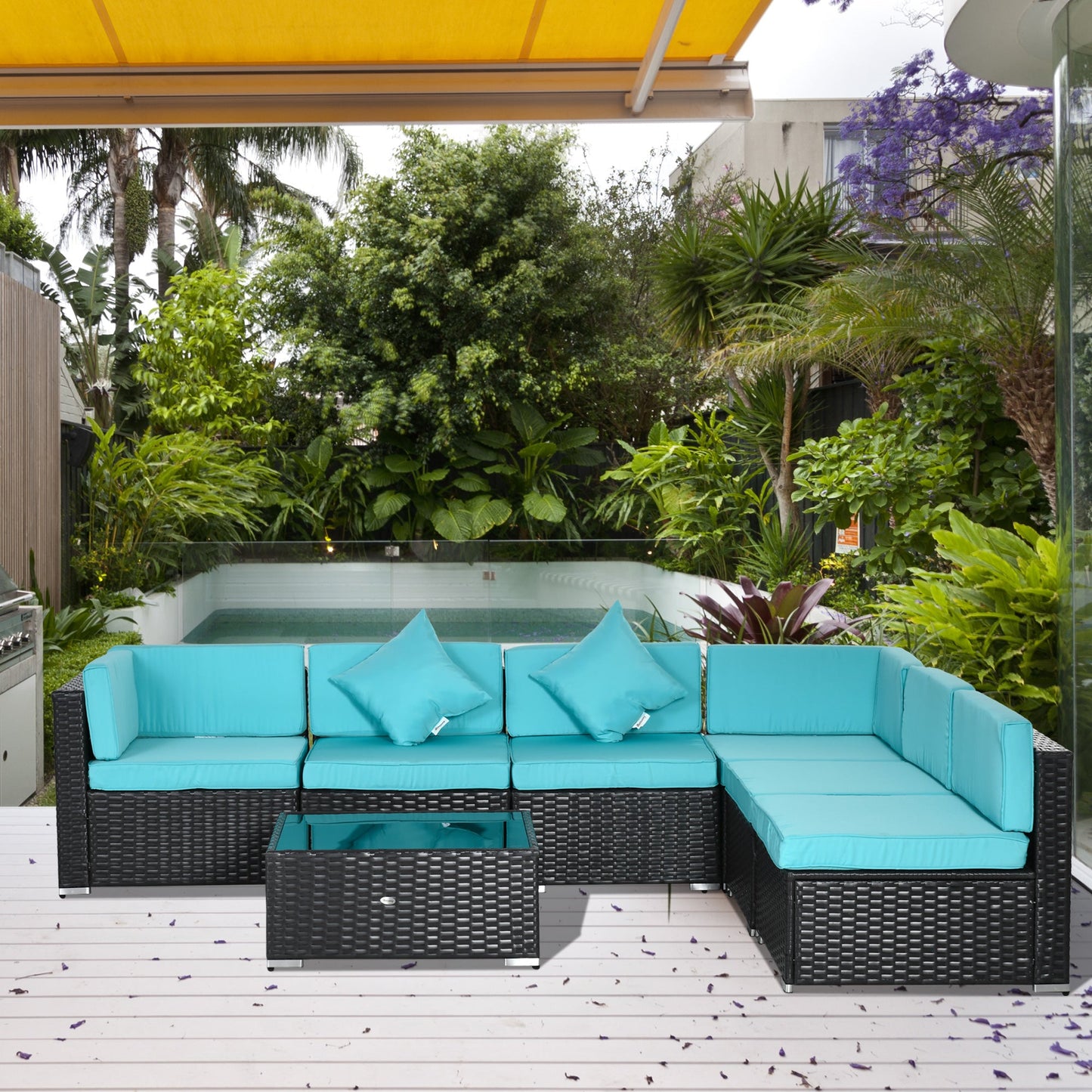 7 Piece Patio Furniture Set, PE Rattan Outdoor Conversation Set with Sectional Sofa, Glass Tabletop, Cushions and Pillows for Garden, Lawn, Deep Coffee and Light Blue