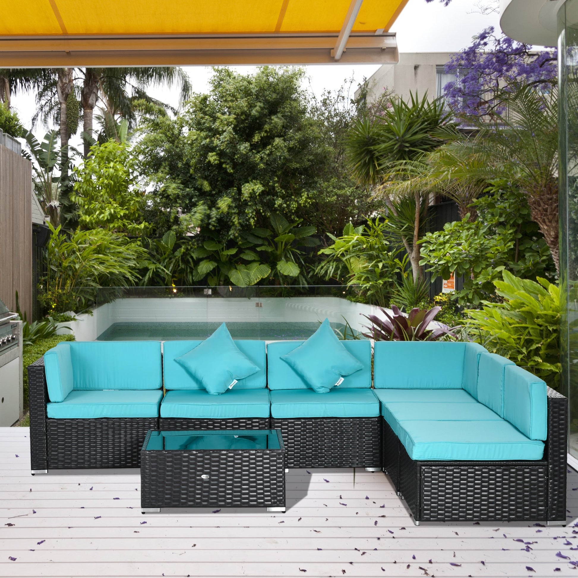 7 Piece Patio Furniture Set, PE Rattan Outdoor Conversation Set with Sectional Sofa, Glass Tabletop, Cushions and Pillows for Garden, Lawn, Deep Coffee and Light Blue