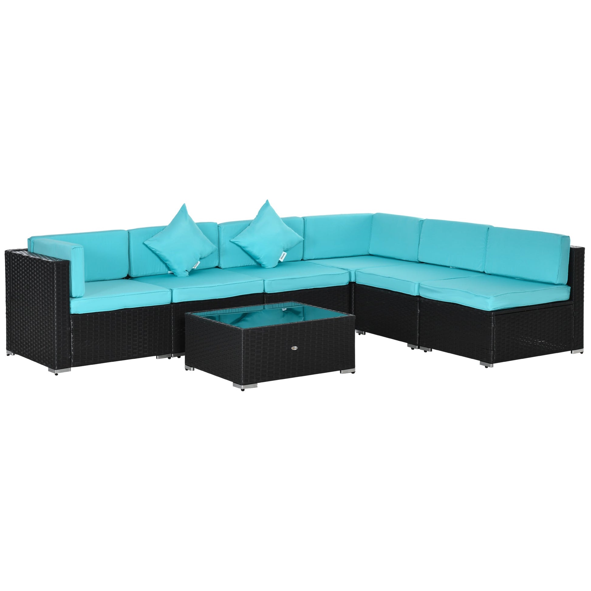7 Piece Patio Furniture Set, PE Rattan Outdoor Conversation Set with Sectional Sofa, Glass Tabletop, Cushions and Pillows for Garden, Lawn, Deep Coffee and Light Blue