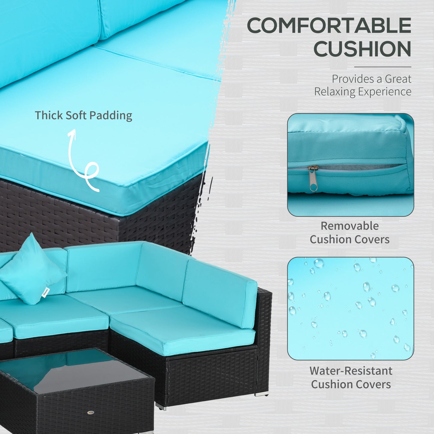 7 Piece Patio Furniture Set, PE Rattan Outdoor Conversation Set with Sectional Sofa, Glass Tabletop, Cushions and Pillows for Garden, Lawn, Deep Coffee and Light Blue