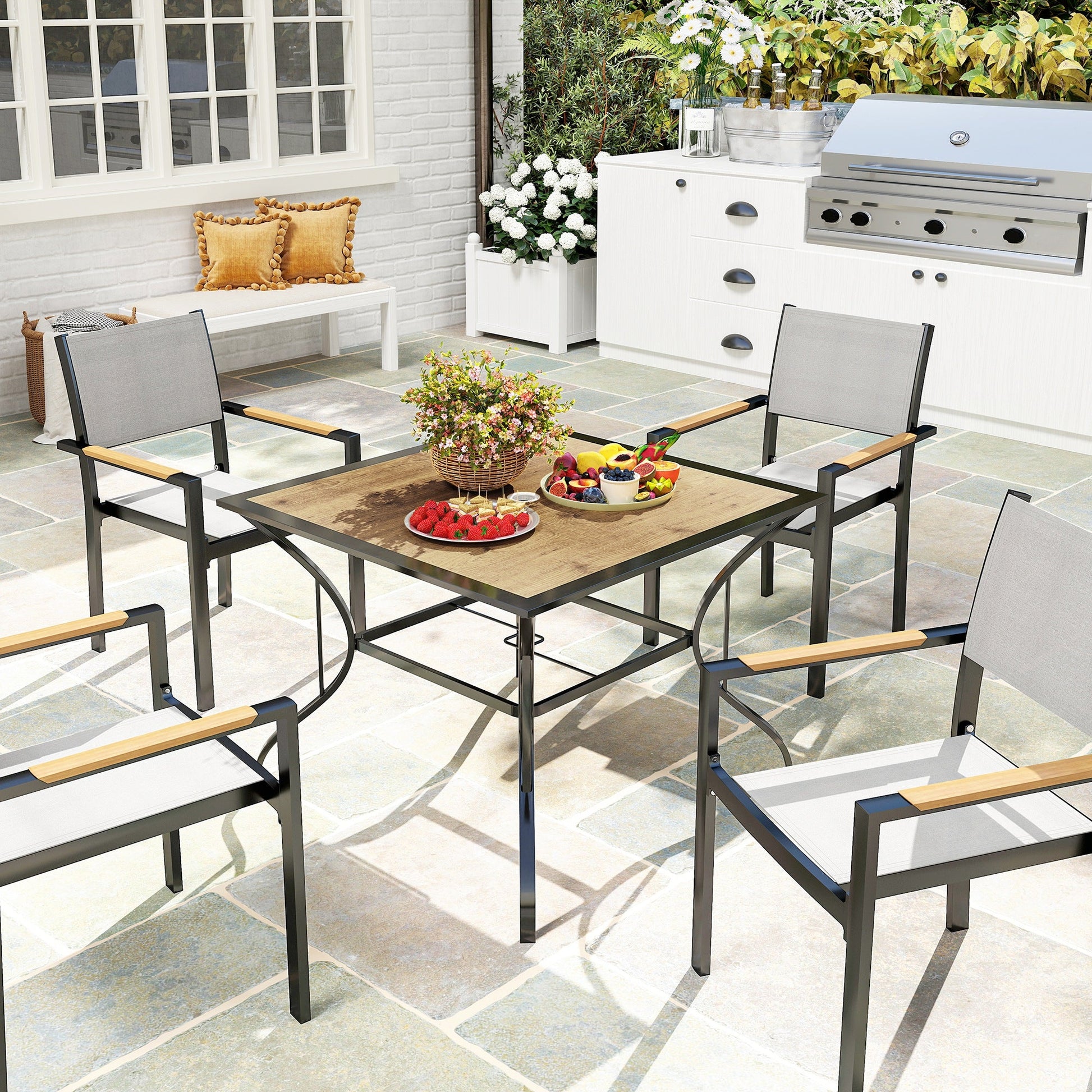 37" Garden Outdoor Dining Table for 4, Square Patio Table with Umbrella Hole, Plastic Board Tabletop for Backyard, Poolside, Mixed Brown