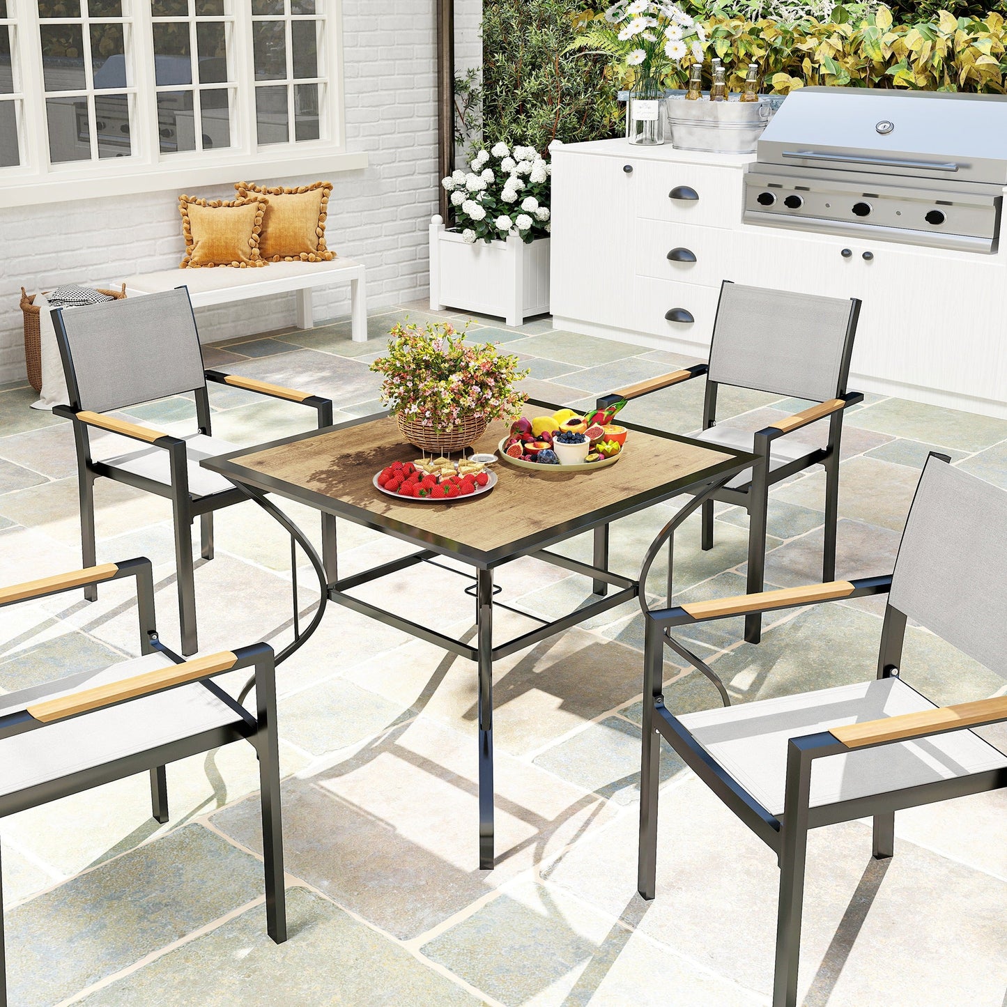 37" Garden Outdoor Dining Table for 4, Square Patio Table with Umbrella Hole, Plastic Board Tabletop for Backyard, Poolside, Mixed Brown