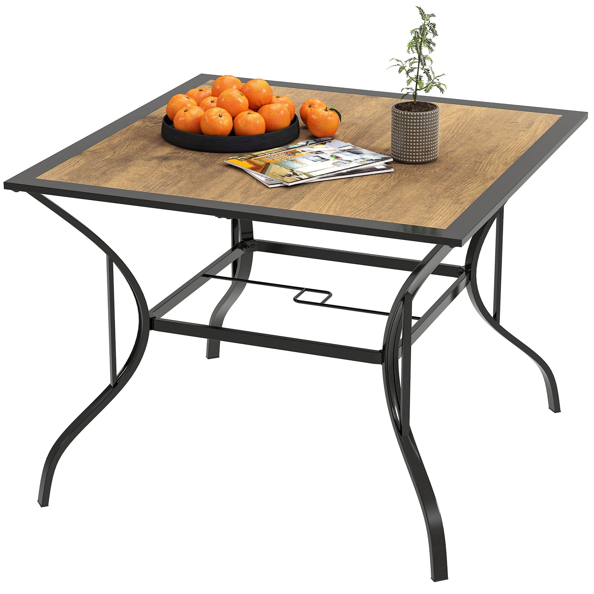 37" Garden Outdoor Dining Table for 4, Square Patio Table with Umbrella Hole, Plastic Board Tabletop for Backyard, Poolside, Mixed Brown