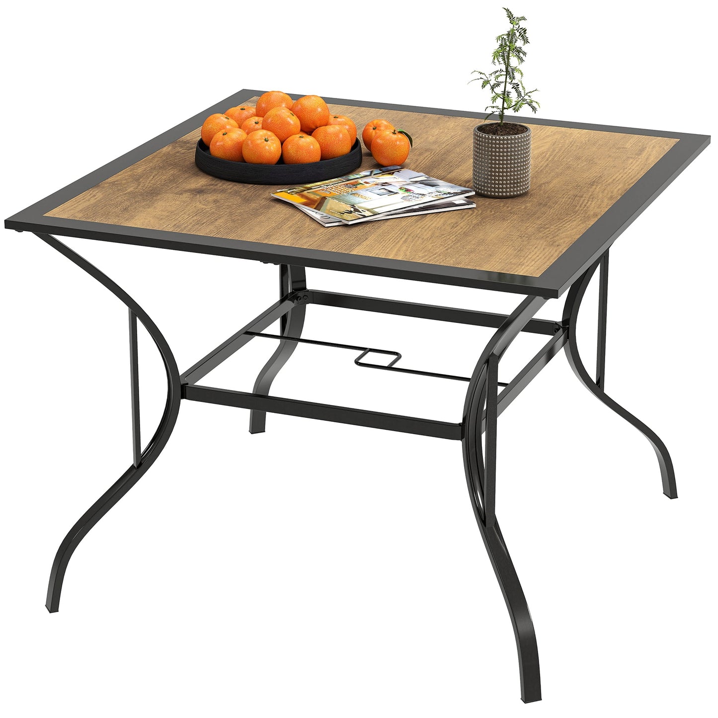 37" Garden Outdoor Dining Table for 4, Square Patio Table with Umbrella Hole, Plastic Board Tabletop for Backyard, Poolside, Mixed Brown