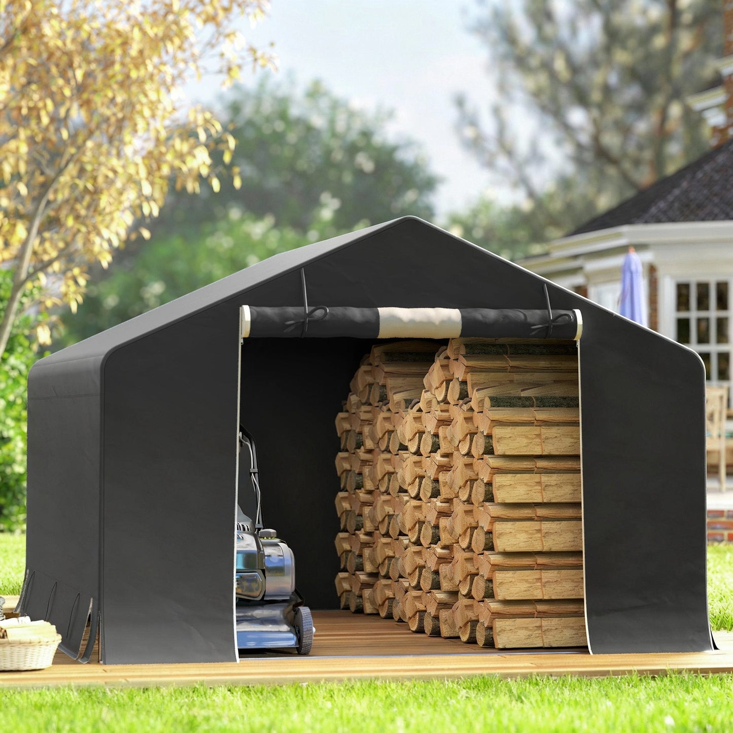 10' x 10' Portable Shed, Waterproof Bike Tent with Roll-up Zipper Door, Reinforced Galvanised Metal Frame, Outdoor Storage Shed for Bike Motorcycle Garden Tool, Dark Grey