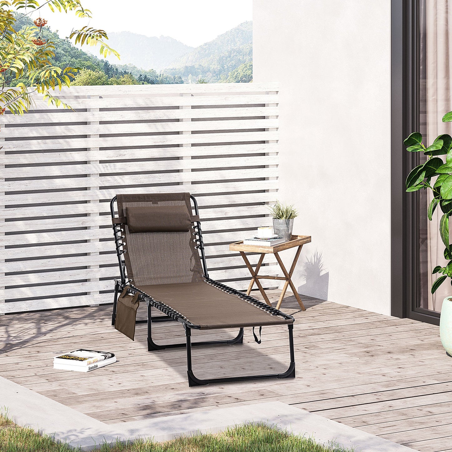 Folding Lounge Chair, Reclining Tanning Chair, Portable Sun Lounger with Adjustable Backrest and Removable Pillow for Patio, Garden, Beach, Brown