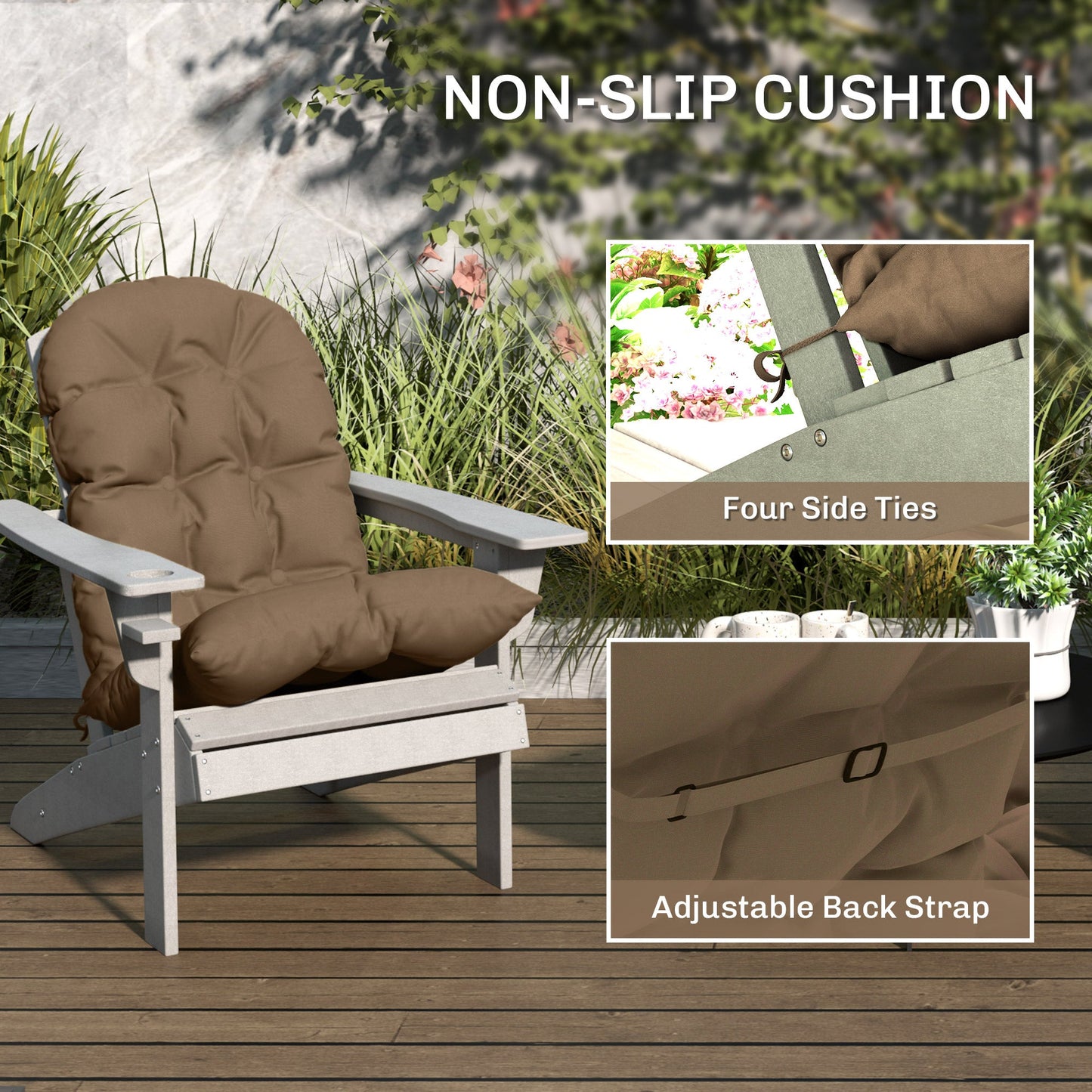 Adirondack Chair Cushions Set of 2, Tufted Lawn Chair Cushions, High Back Patio Chair Cushions with Ties, Non-Slip Muskoka Chair Cushions, Khaki
