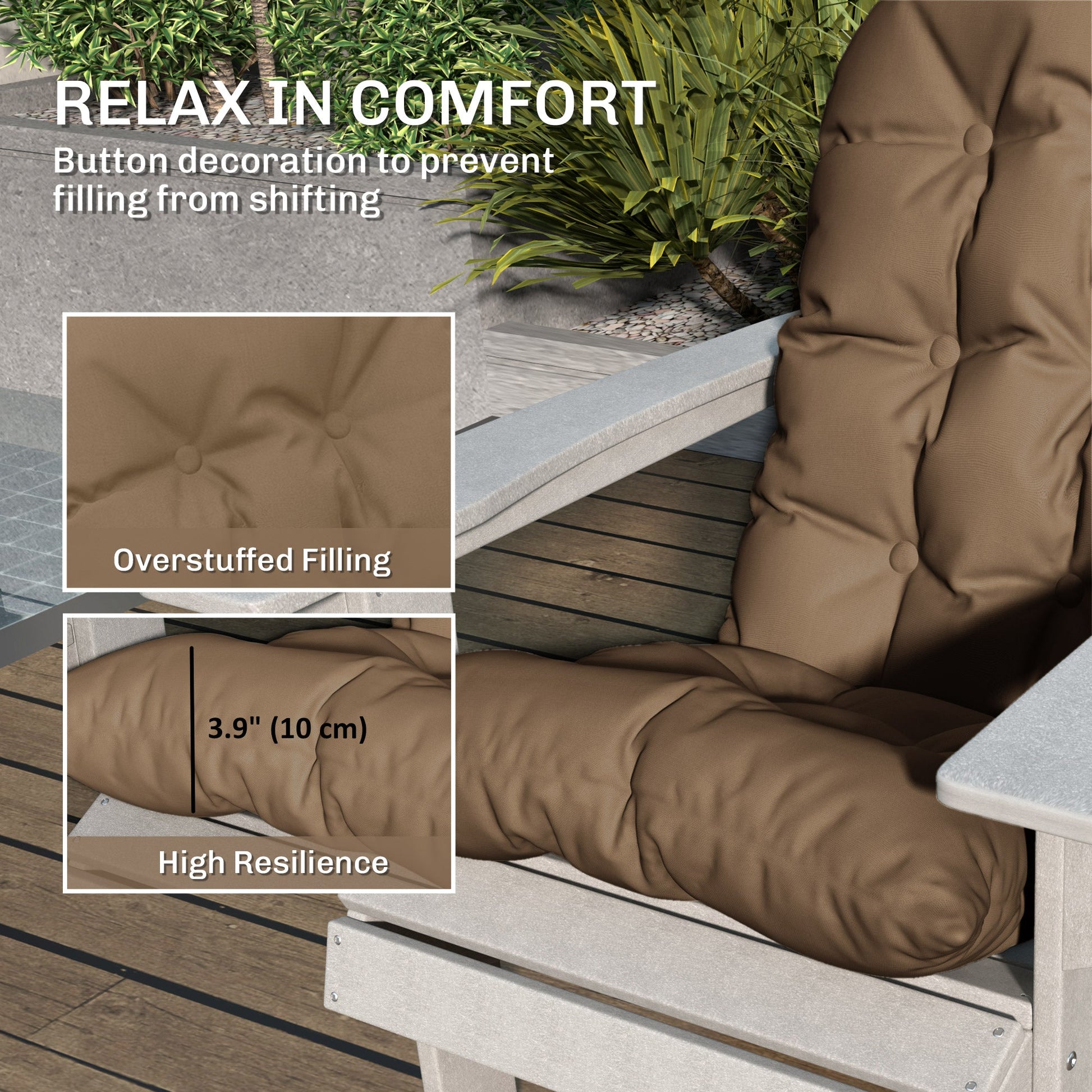 Adirondack Chair Cushions Set of 2, Tufted Lawn Chair Cushions, High Back Patio Chair Cushions with Ties, Non-Slip Muskoka Chair Cushions, Khaki