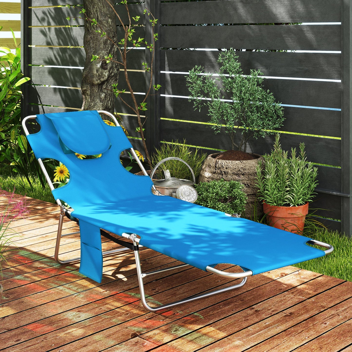 Folding Lounge Chair Outdoor Tanning Chair with Face Hole, 5-Position Reclining Sun Lounger Chaise Lounge Cot with Side Pocket, Carry Strap for Beach Pool, Yard, Blue