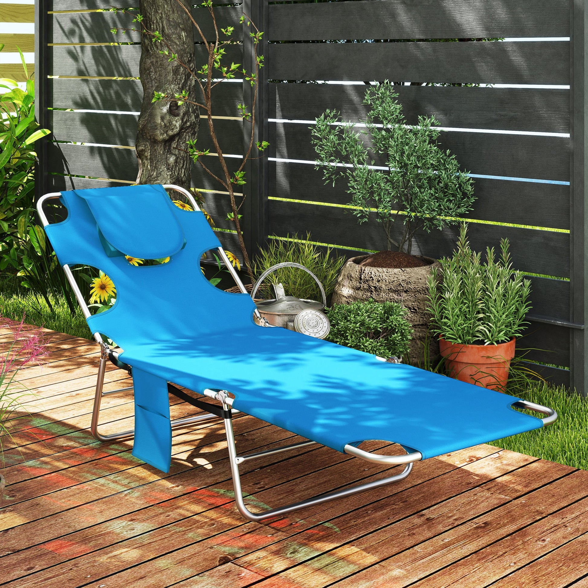 Folding Lounge Chair Outdoor Tanning Chair with Face Hole, 5-Position Reclining Sun Lounger Chaise Lounge Cot with Side Pocket, Carry Strap for Beach Pool, Yard, Blue