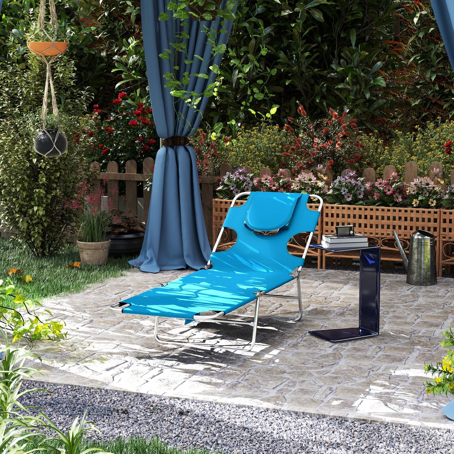 Folding Lounge Chair Outdoor Tanning Chair with Face Hole, 5-Position Reclining Sun Lounger Chaise Lounge Cot with Side Pocket, Carry Strap for Beach Pool, Yard, Blue