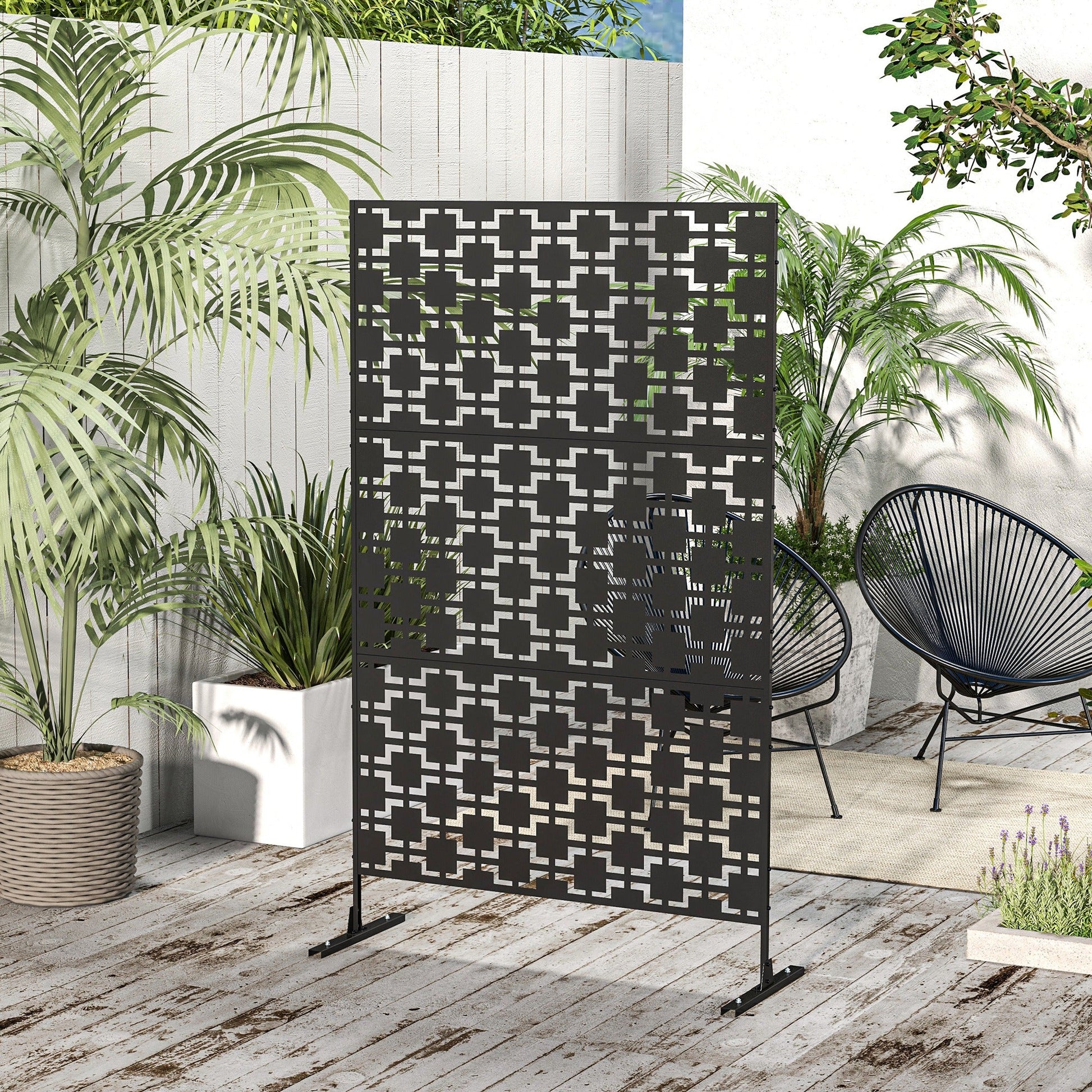 Metal Outdoor Privacy Screen, Decorative Outdoor Divider with Stand and Expansion Screws, Freestanding Privacy Panel for Garden, Backyard, Deck, Grid Style, Black