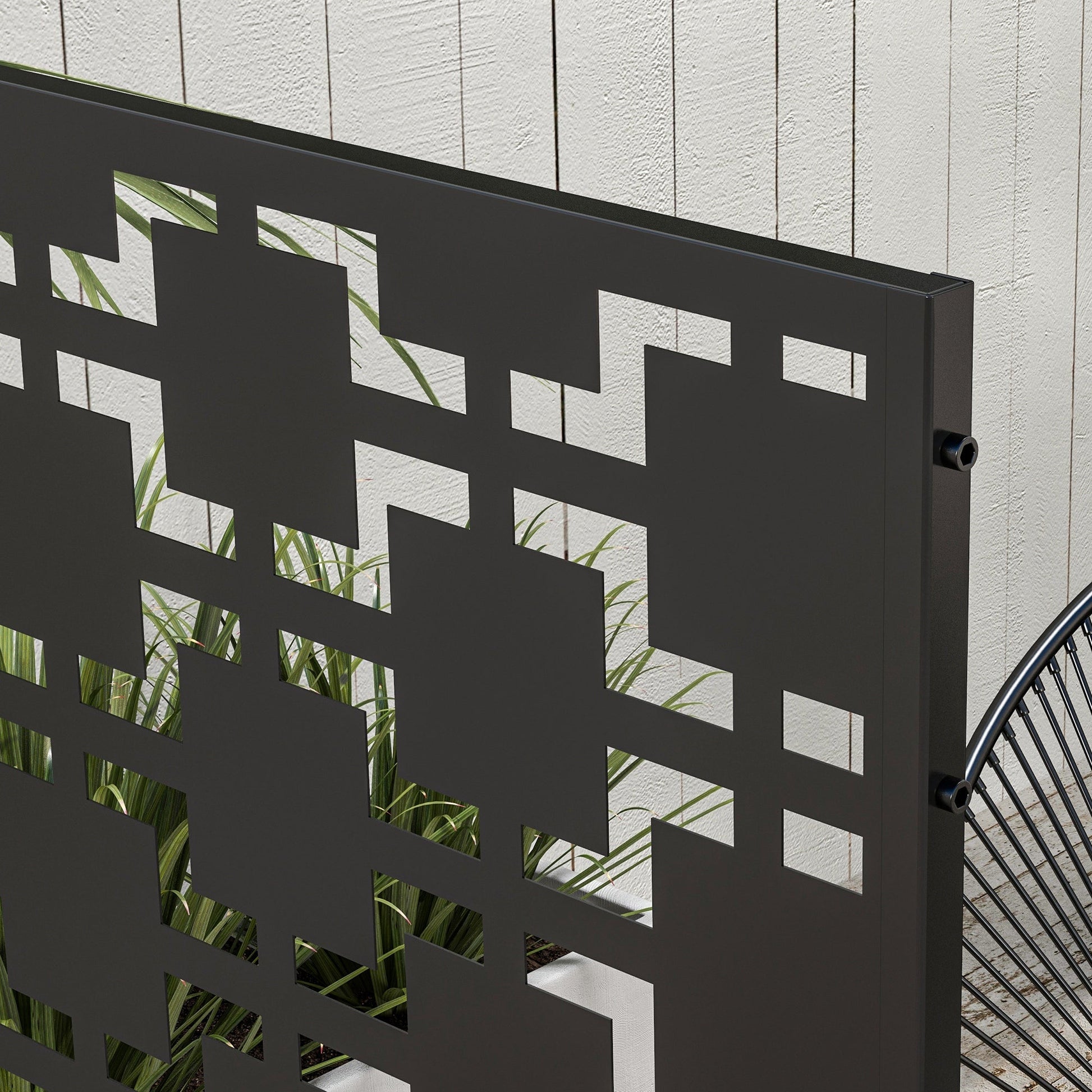 Metal Outdoor Privacy Screen, Decorative Outdoor Divider with Stand and Expansion Screws, Freestanding Privacy Panel for Garden, Backyard, Deck, Grid Style, Black