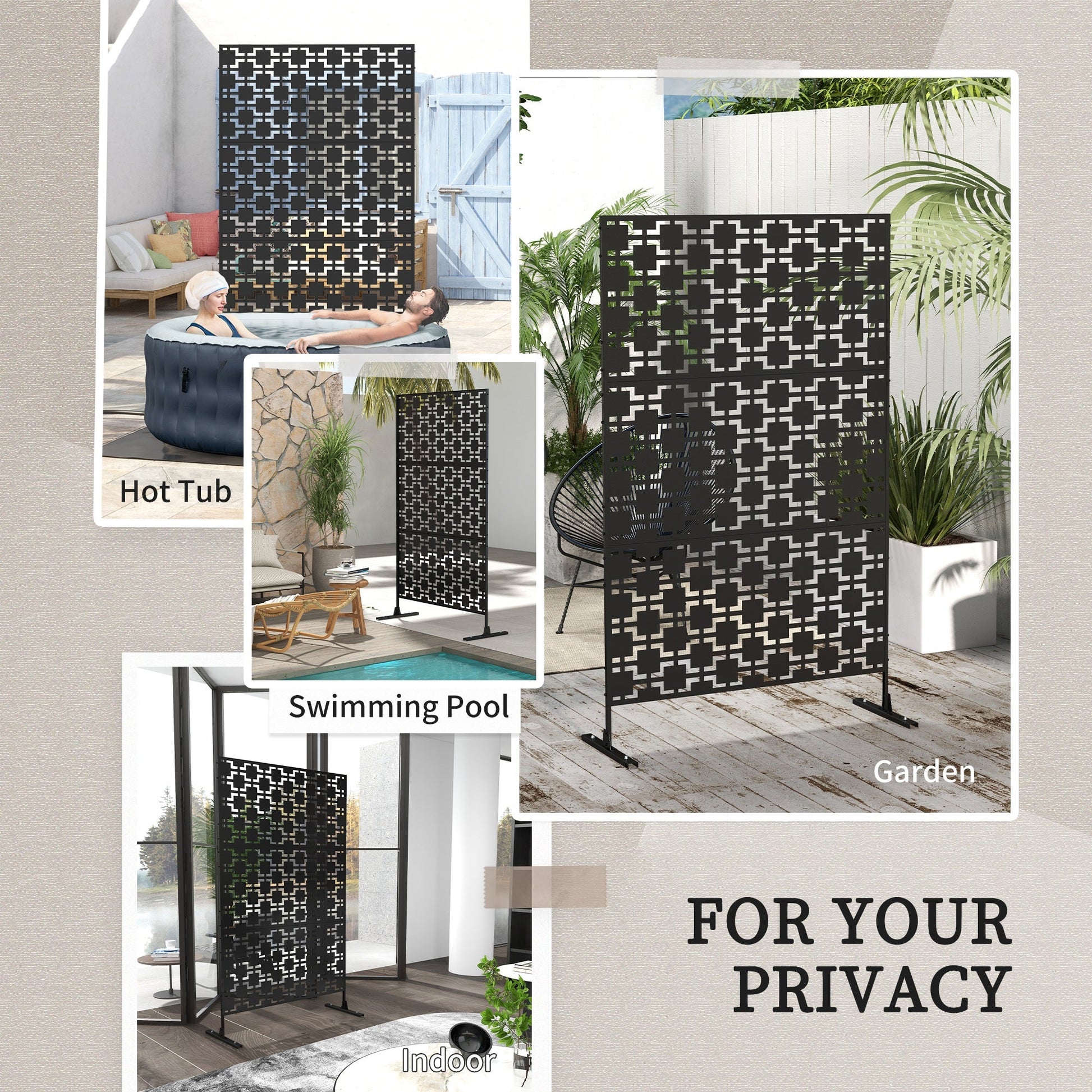 Metal Outdoor Privacy Screen, Decorative Outdoor Divider with Stand and Expansion Screws, Freestanding Privacy Panel for Garden, Backyard, Deck, Grid Style, Black