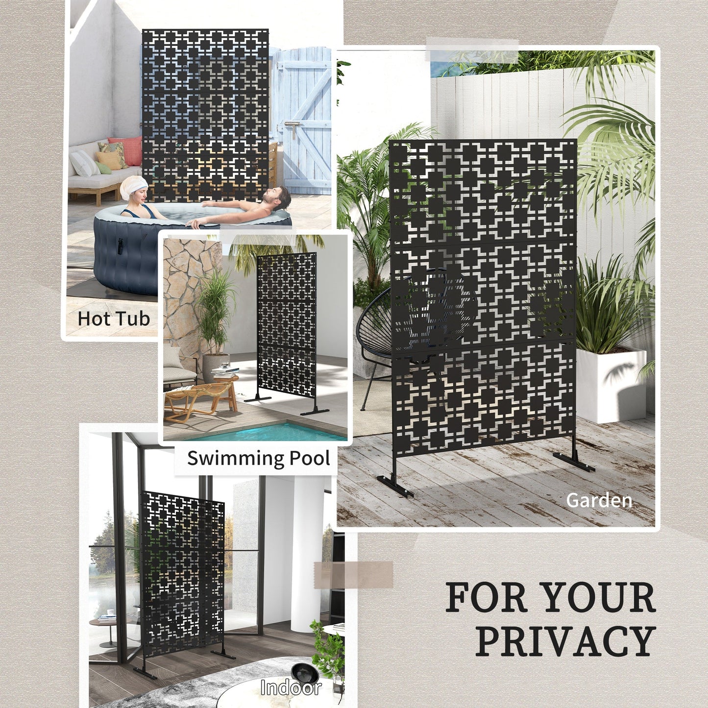 Metal Outdoor Privacy Screen, Decorative Outdoor Divider with Stand and Expansion Screws, Freestanding Privacy Panel for Garden, Backyard, Deck, Grid Style, Black