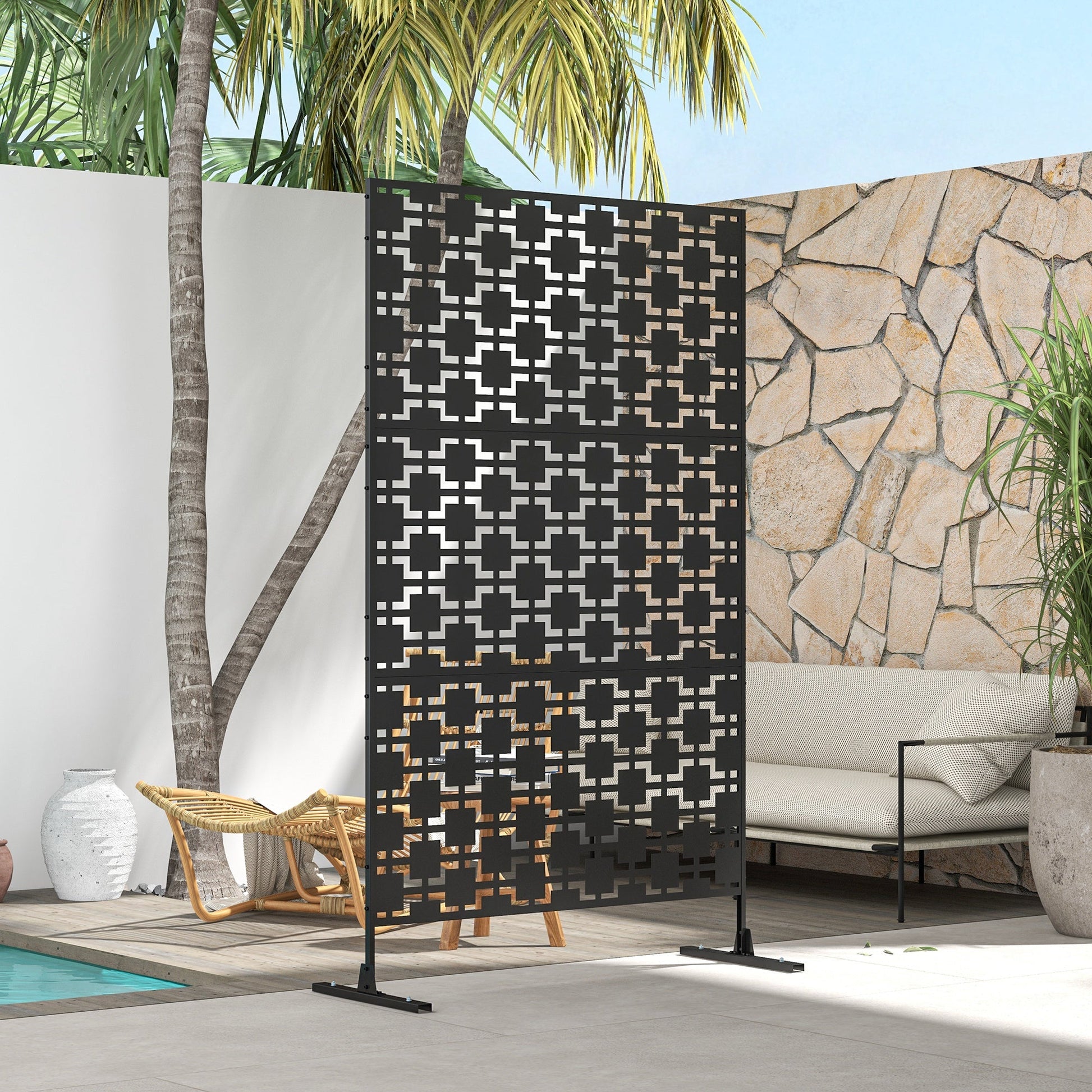 Metal Outdoor Privacy Screen, Decorative Outdoor Divider with Stand and Expansion Screws, Freestanding Privacy Panel for Garden, Backyard, Deck, Grid Style, Black