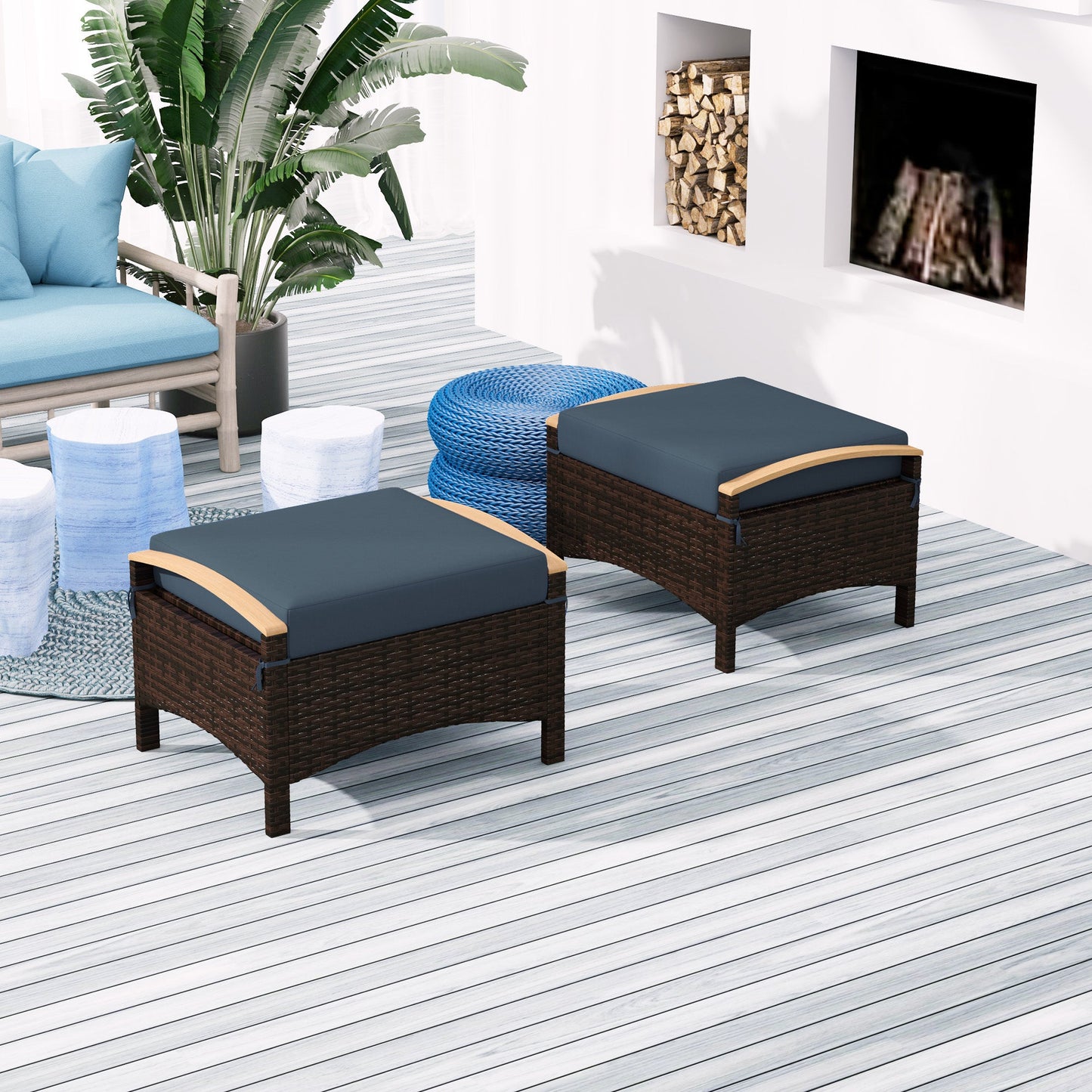 Wicker Outdoor Ottoman, 2 Pieces Outdoor Ottomans and Footstools with Removable Cushion, PE Rattan Outdoor Footstool, Footrest, Side Table for Backyard, Porch, Navy Blue