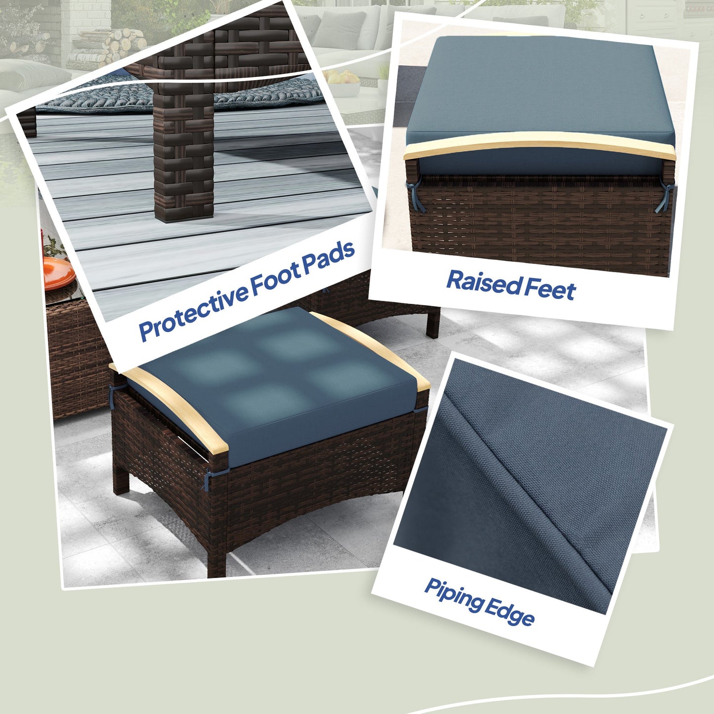 Wicker Outdoor Ottoman, 2 Pieces Outdoor Ottomans and Footstools with Removable Cushion, PE Rattan Outdoor Footstool, Footrest, Side Table for Backyard, Porch, Navy Blue