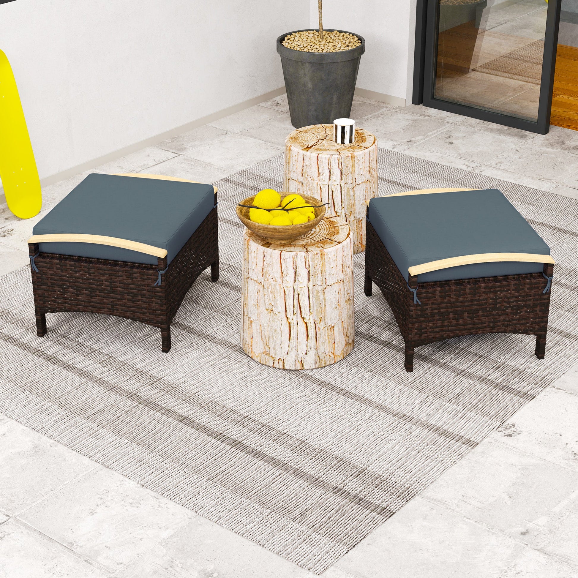 Wicker Outdoor Ottoman, 2 Pieces Outdoor Ottomans and Footstools with Removable Cushion, PE Rattan Outdoor Footstool, Footrest, Side Table for Backyard, Porch, Navy Blue