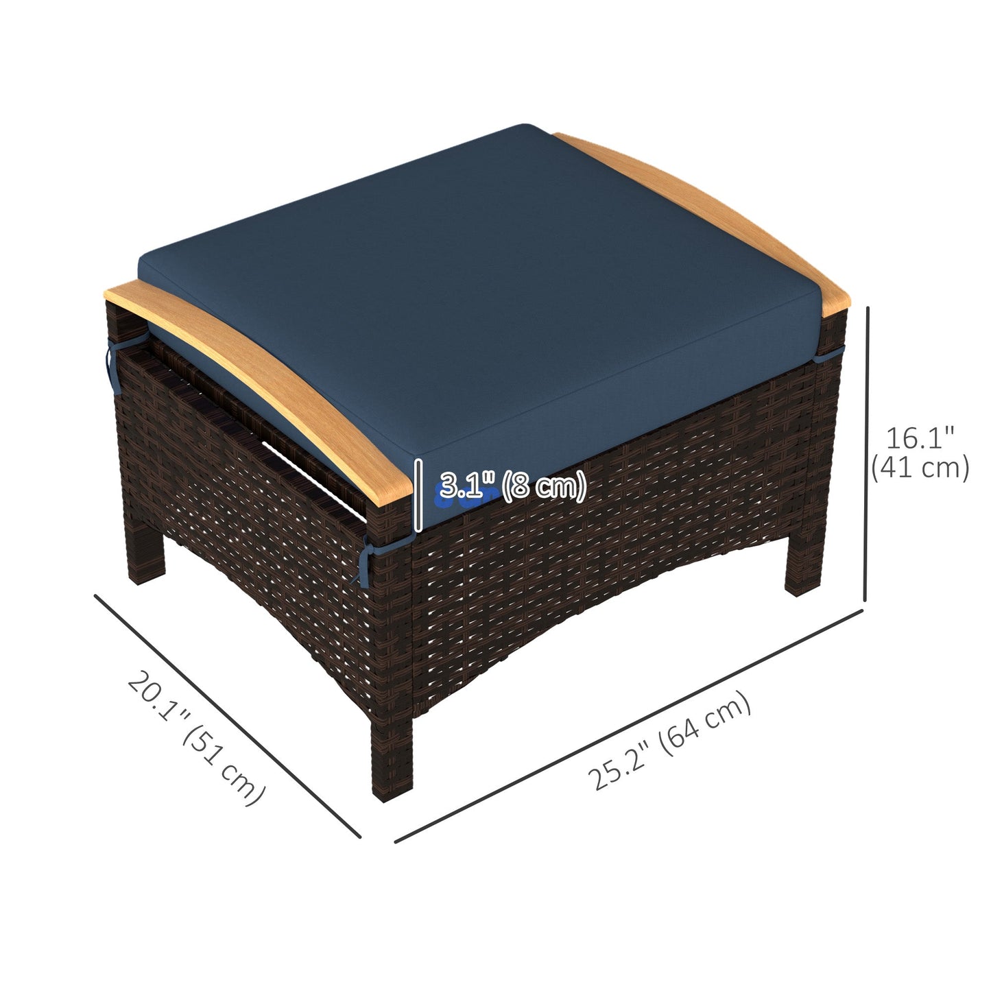 Wicker Outdoor Ottoman, 2 Pieces Outdoor Ottomans and Footstools with Removable Cushion, PE Rattan Outdoor Footstool, Footrest, Side Table for Backyard, Porch, Navy Blue