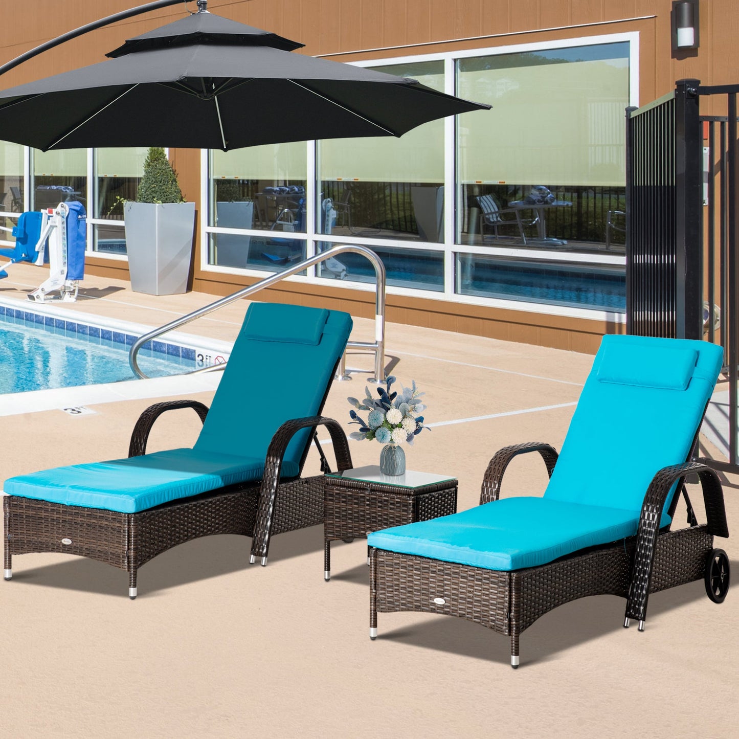 3 Pieces Wicker Patio Lounger Set with Table, PE Rattan Outdoor Lounge Chair Set with Cushions, Wheels, 5-Level Reclining Backrest, Headrest, Brown/Blue