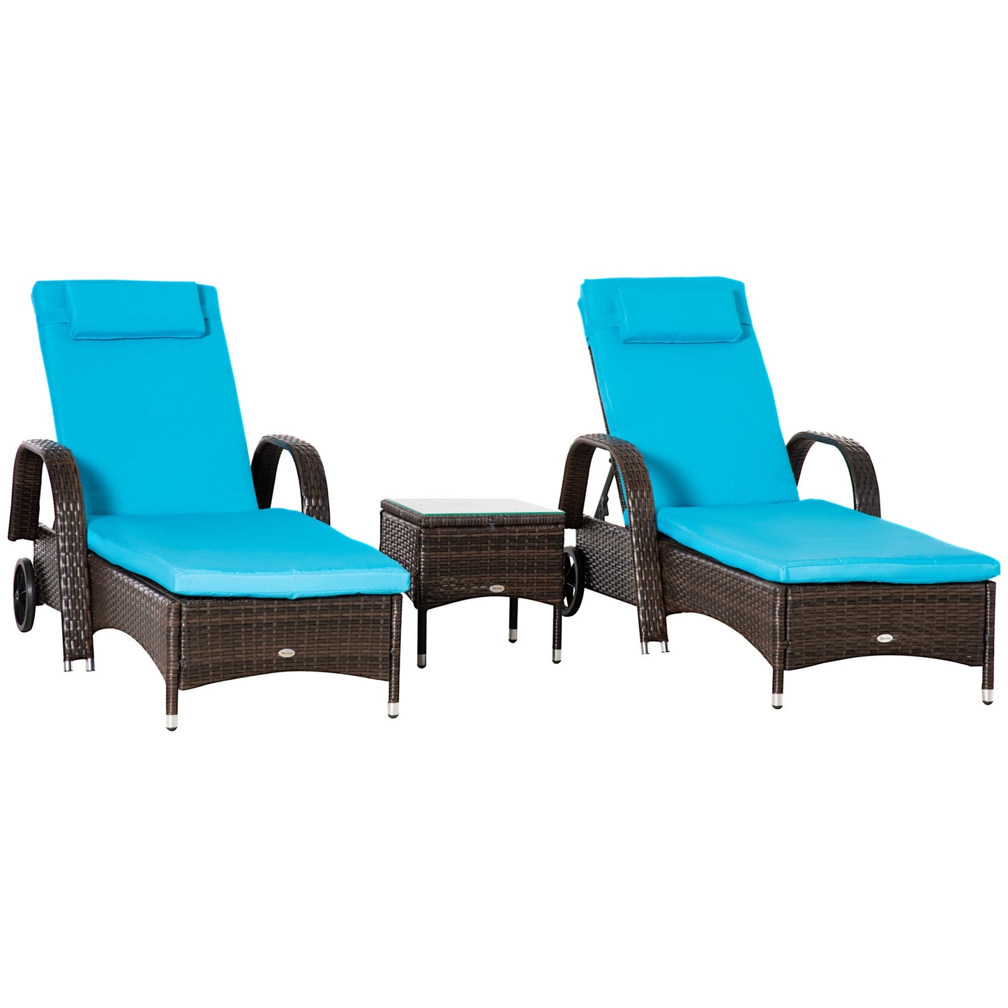 3 Pieces Wicker Patio Lounger Set with Table, PE Rattan Outdoor Lounge Chair Set with Cushions, Wheels, 5-Level Reclining Backrest, Headrest, Brown/Blue