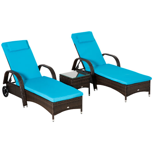 3 Pieces Wicker Patio Lounger Set with Table, PE Rattan Outdoor Lounge Chair Set with Cushions, Wheels, 5-Level Reclining Backrest, Headrest, Brown/Blue