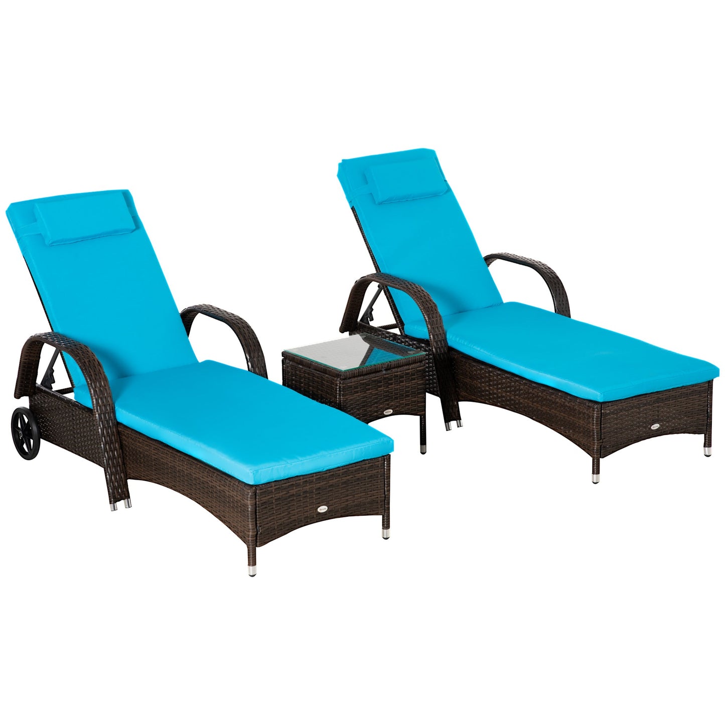 3 Pieces Wicker Patio Lounger Set with Table, PE Rattan Outdoor Lounge Chair Set with Cushions, Wheels, 5-Level Reclining Backrest, Headrest, Brown/Blue