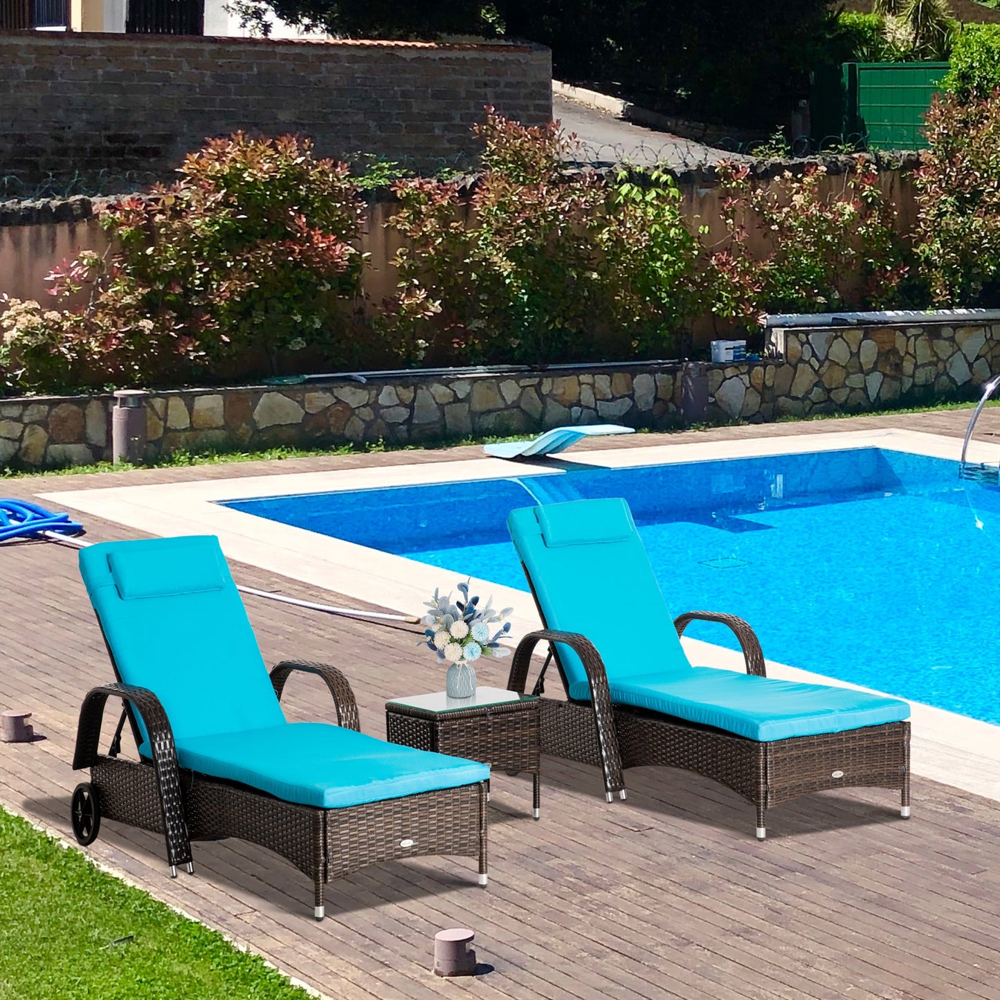 3 Pieces Wicker Patio Lounger Set with Table, PE Rattan Outdoor Lounge Chair Set with Cushions, Wheels, 5-Level Reclining Backrest, Headrest, Brown/Blue