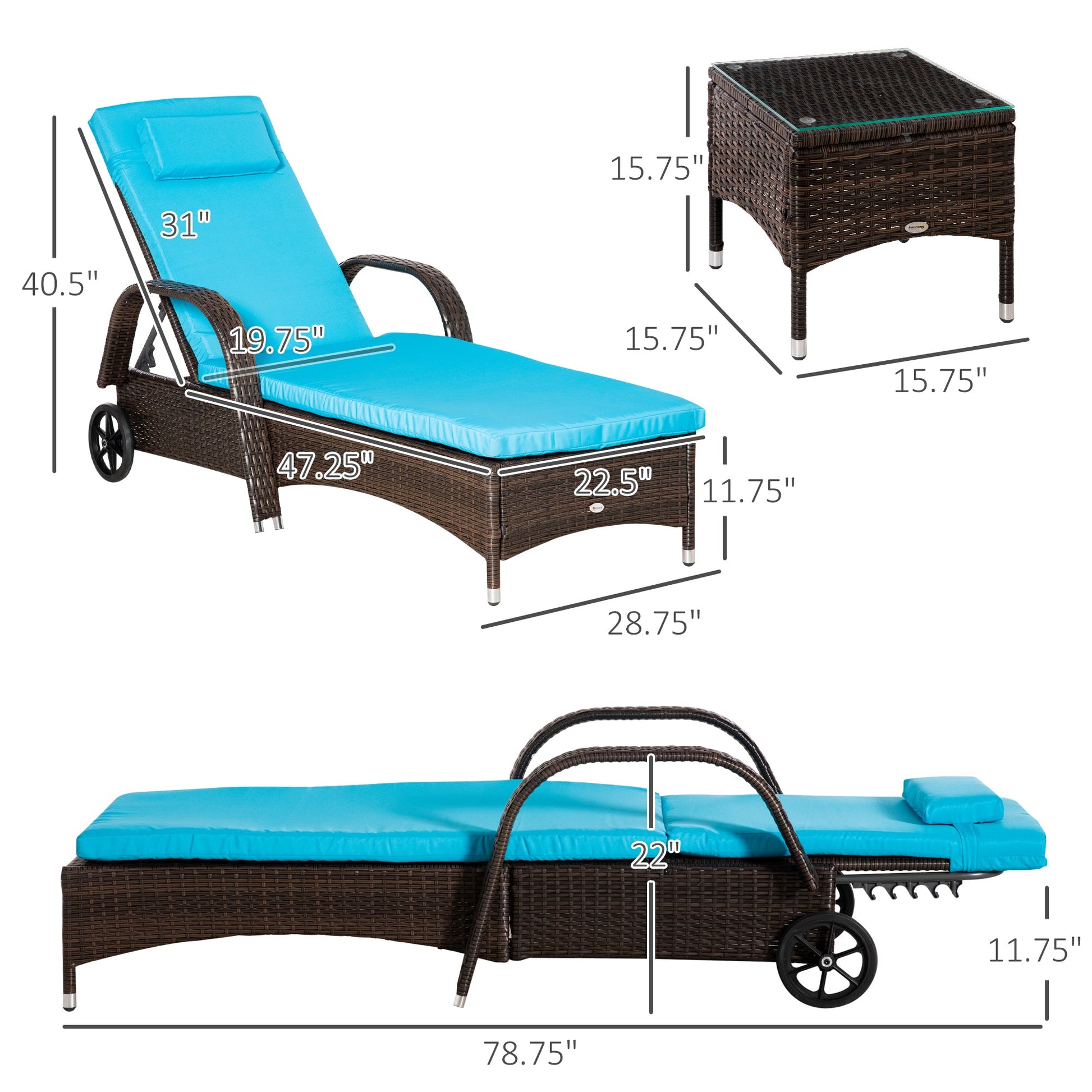 3 Pieces Wicker Patio Lounger Set with Table, PE Rattan Outdoor Lounge Chair Set with Cushions, Wheels, 5-Level Reclining Backrest, Headrest, Brown/Blue