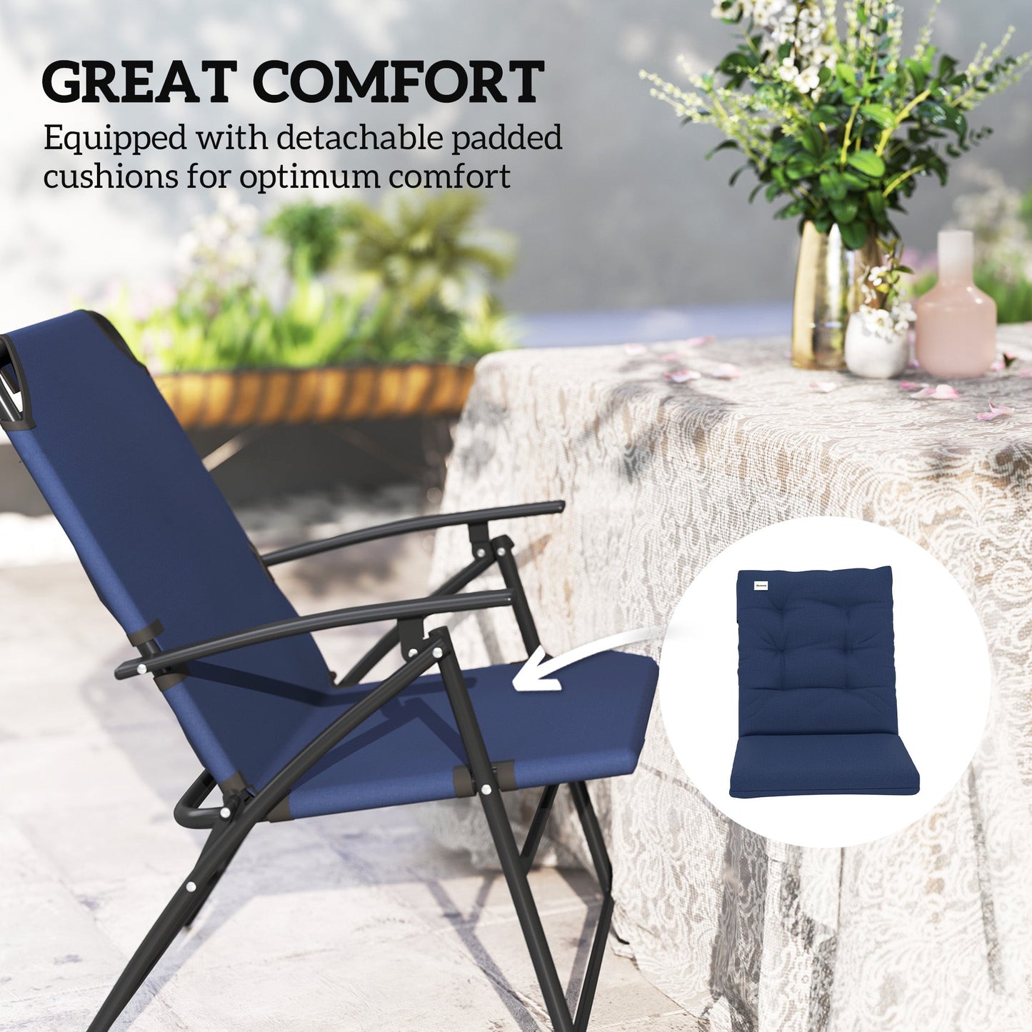 Set of 2 Outdoor Dining Chairs, Folding Patio Chair with Adjustable Backrest, Padded Folding Chairs for Outdoor Events, Blue