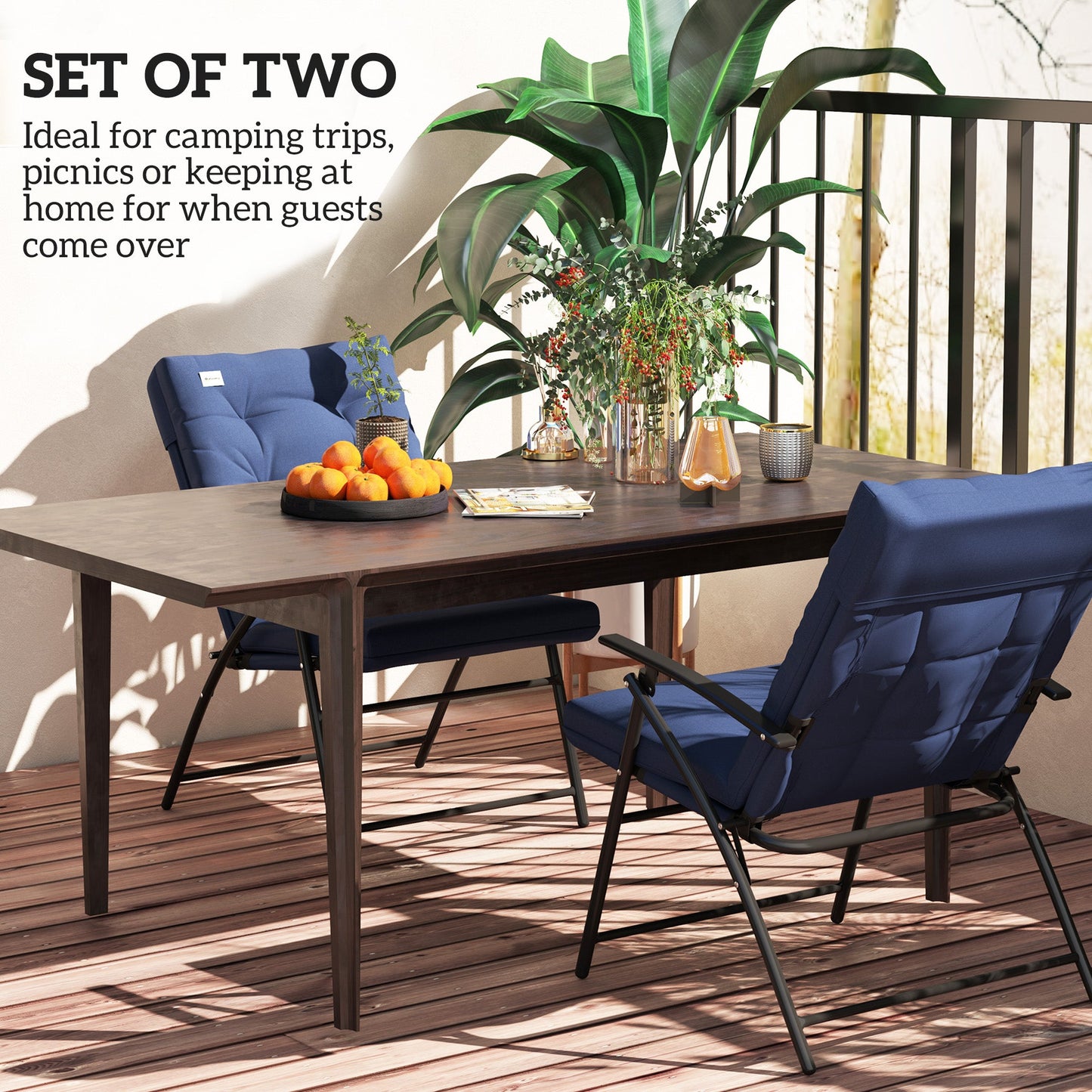 Set of 2 Outdoor Dining Chairs, Folding Patio Chair with Adjustable Backrest, Padded Folding Chairs for Outdoor Events, Blue
