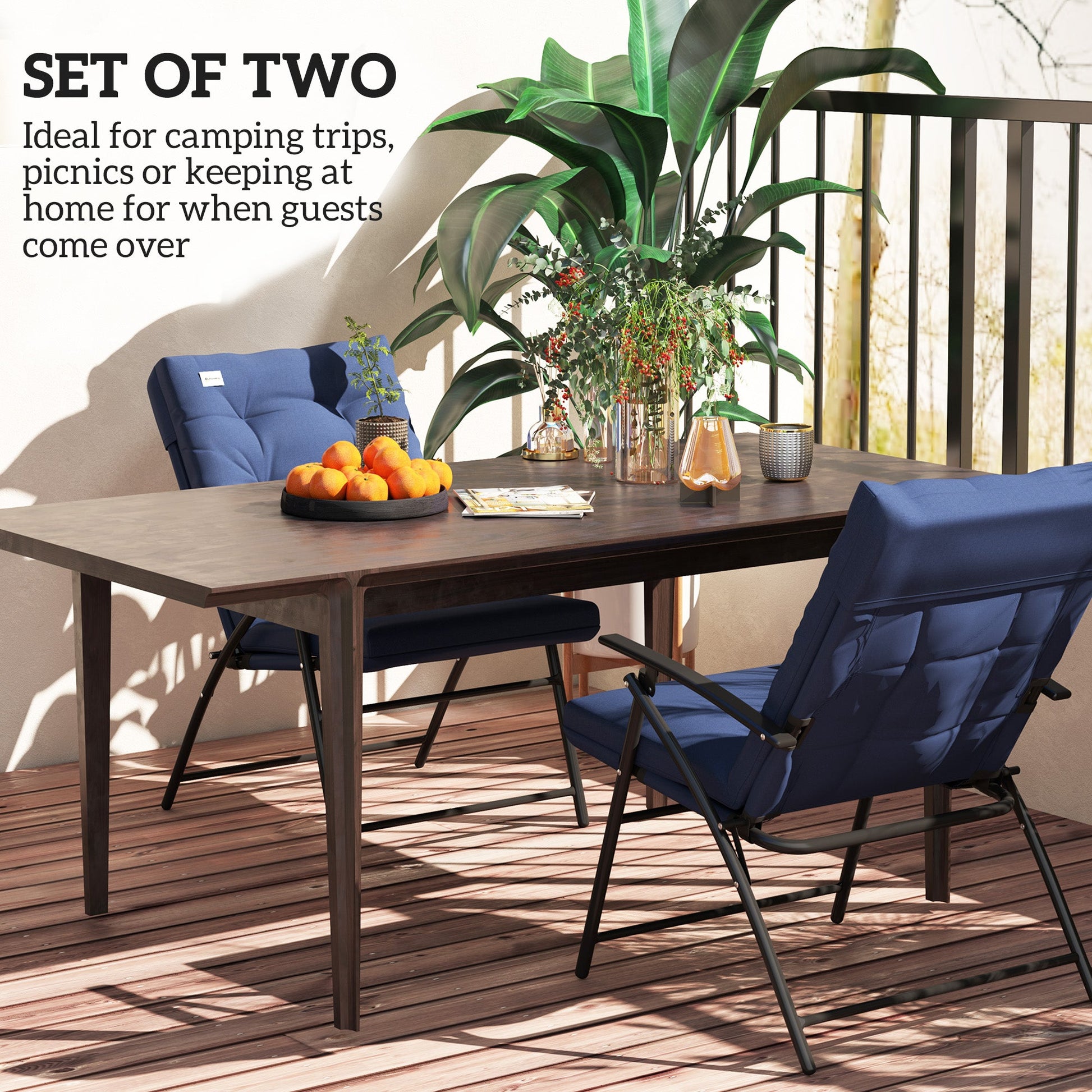 Set of 2 Outdoor Dining Chairs, Folding Patio Chair with Adjustable Backrest, Padded Folding Chairs for Outdoor Events, Blue