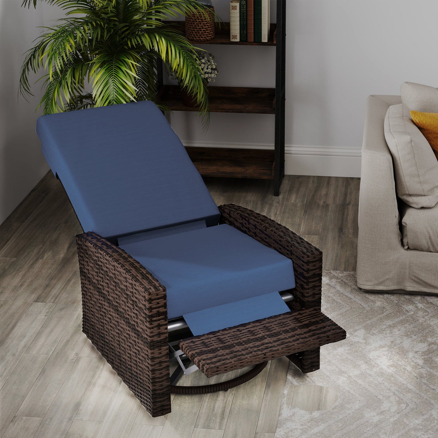 PE Rattan Outdoor Swivel Chair with 360° Swivel, Wicker Patio Chair with Footrest, Soft Cushion and Armrest for Patio, Garden, Backyard, Dark Blue