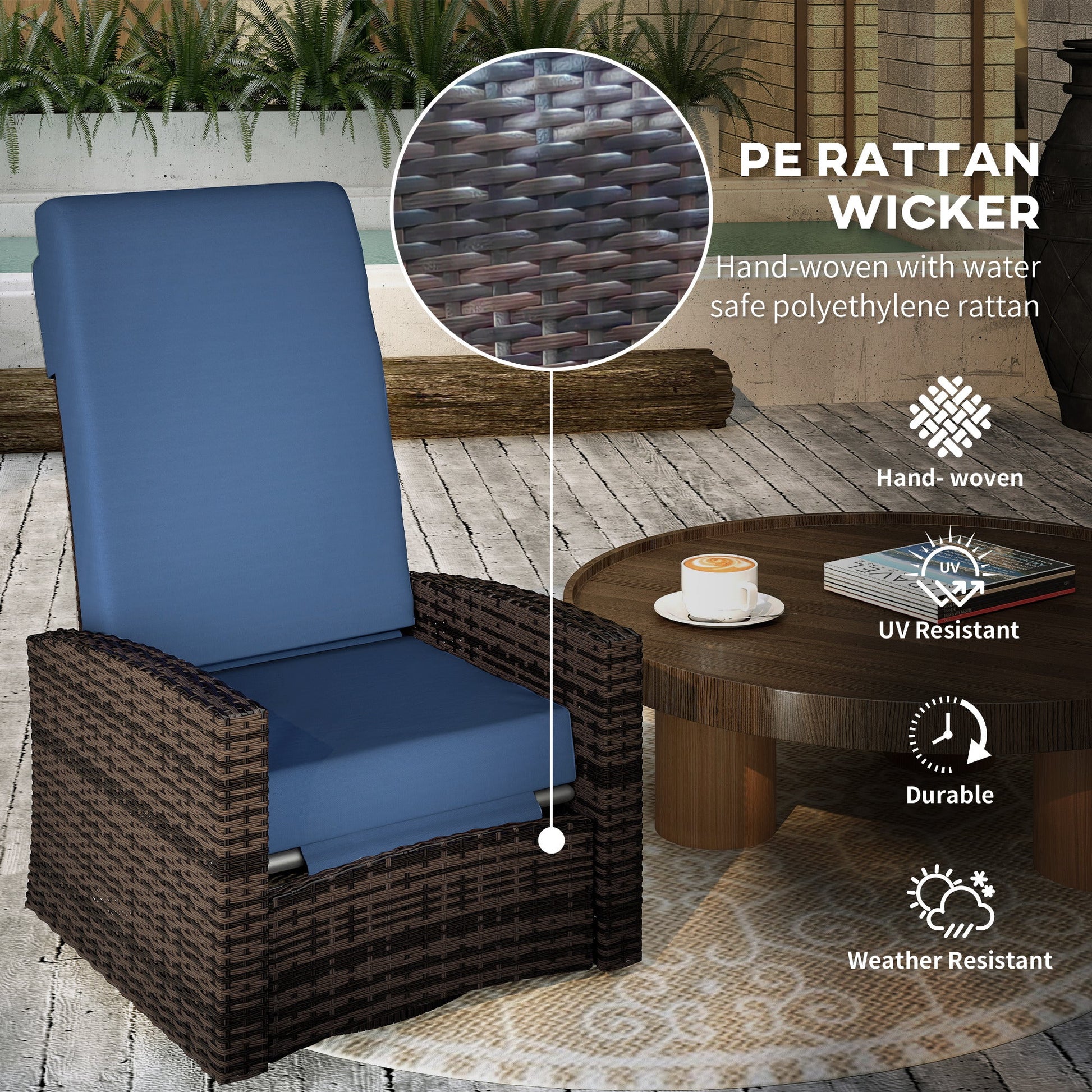 PE Rattan Outdoor Swivel Chair with 360° Swivel, Wicker Patio Chair with Footrest, Soft Cushion and Armrest for Patio, Garden, Backyard, Dark Blue