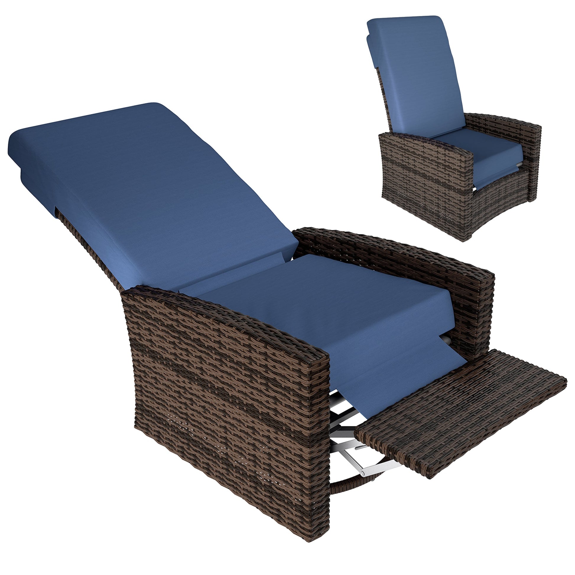 PE Rattan Outdoor Swivel Chair with 360° Swivel, Wicker Patio Chair with Footrest, Soft Cushion and Armrest for Patio, Garden, Backyard, Dark Blue